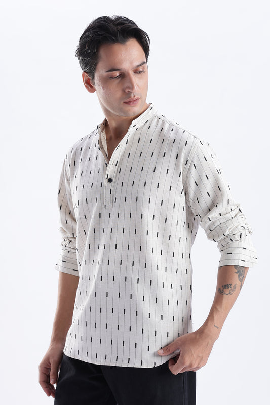 Uri Cream & Black Dobby Linen Blend Short Kurta