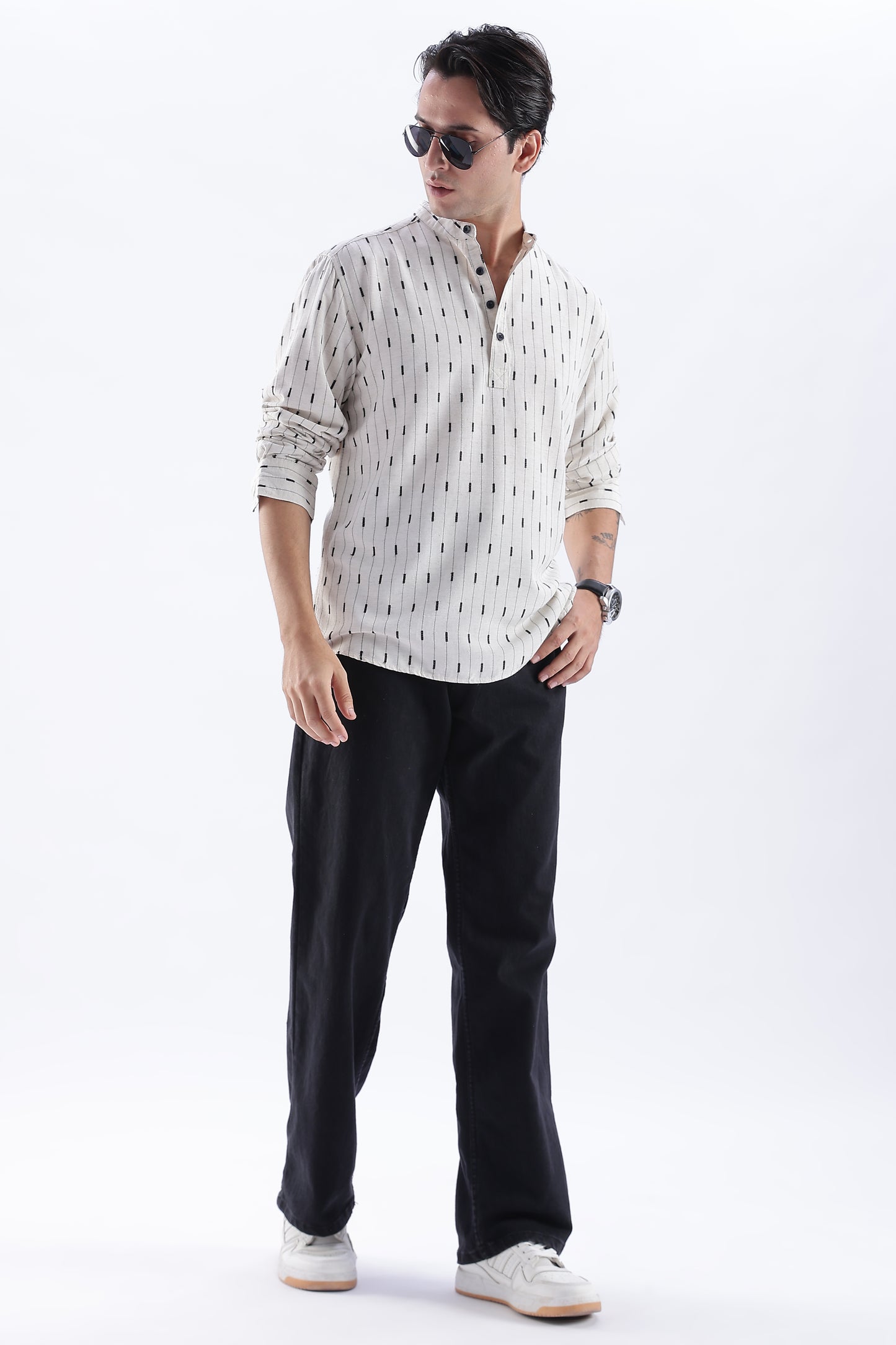 Uri Cream & Black Dobby Linen Blend Short Kurta