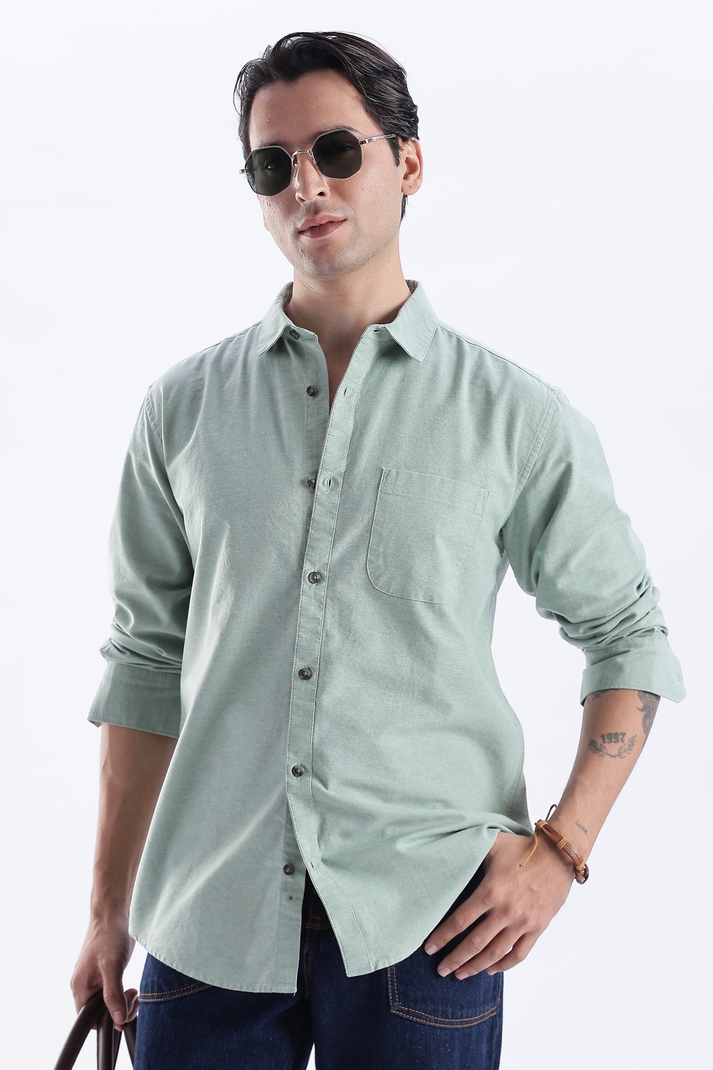 Uri Sea Green Spread Collar Oxford Shirt