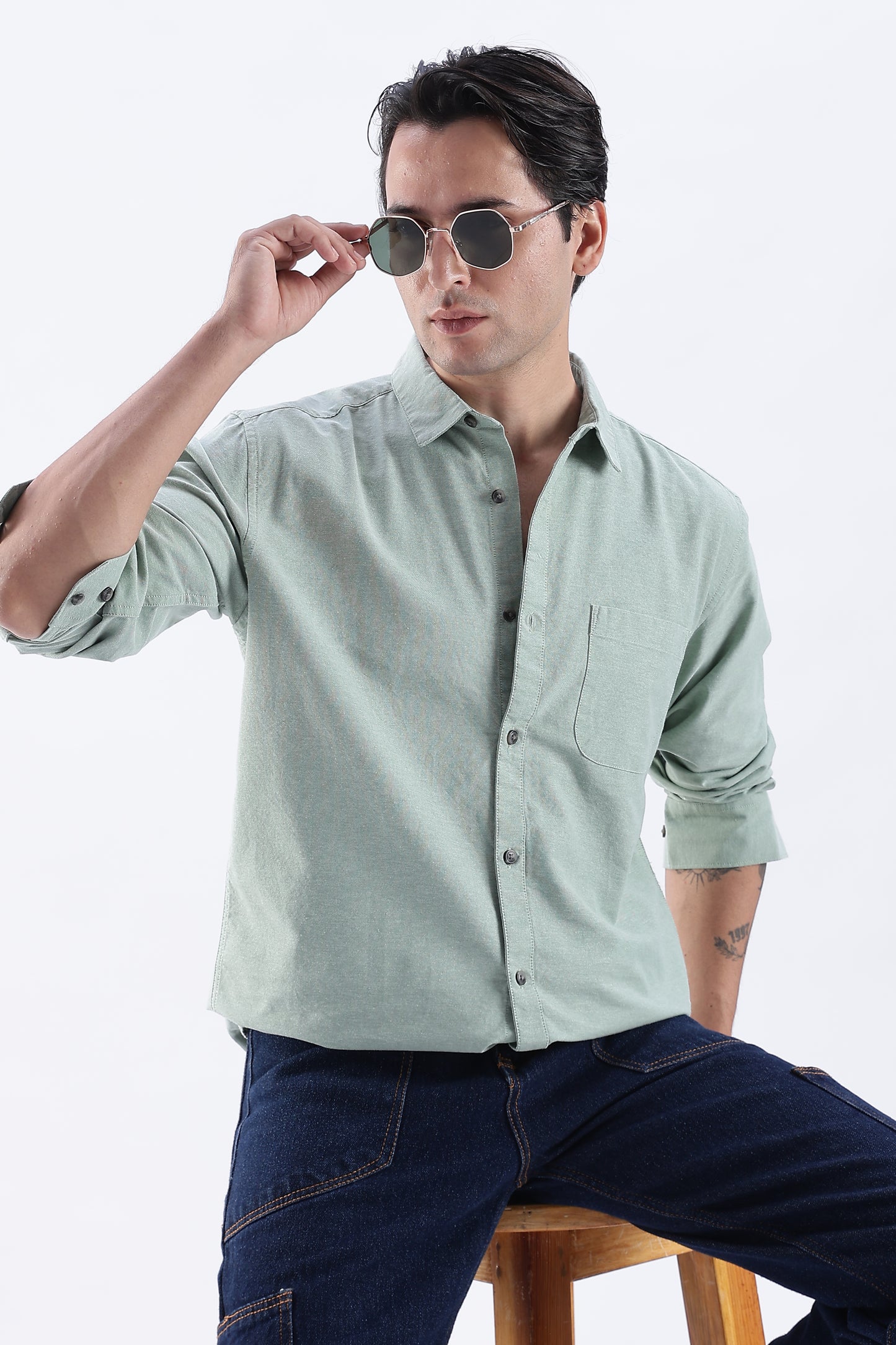 Uri Sea Green Spread Collar Oxford Shirt