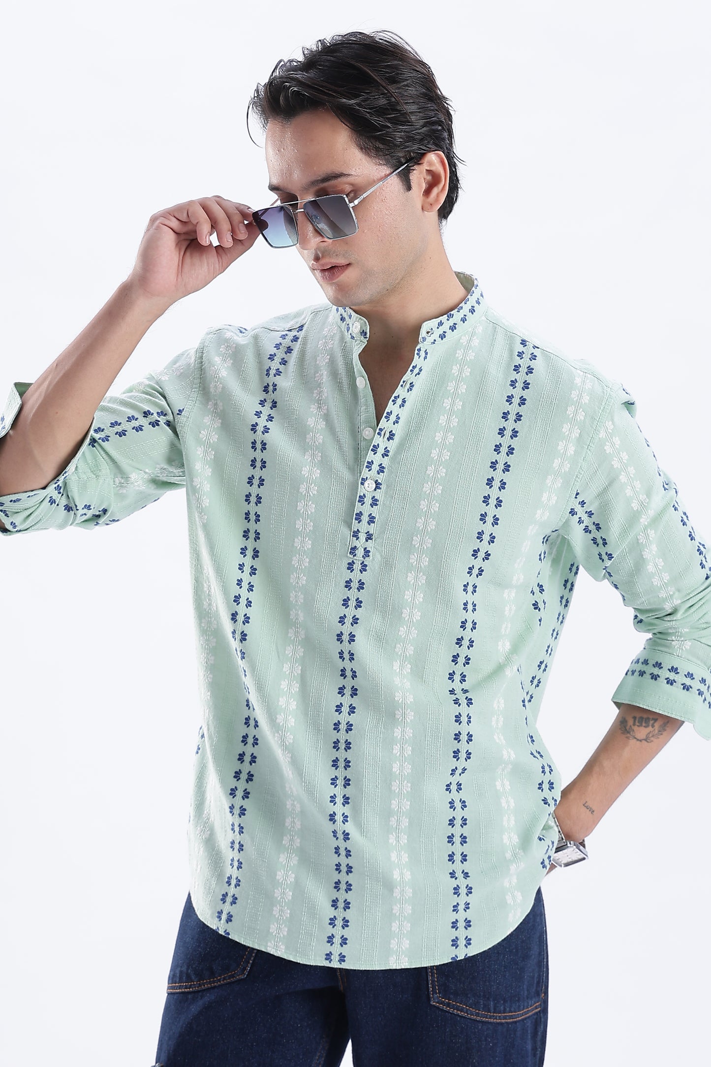 Uri Mint Dobby Motif Short Kurta