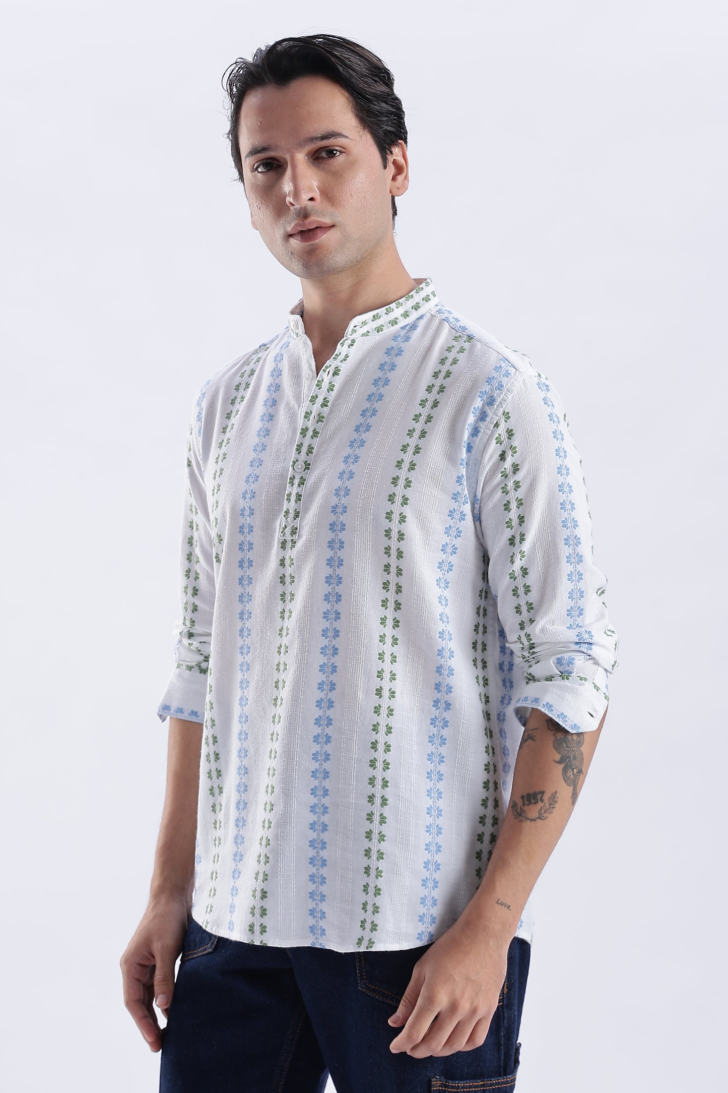 Uri Ice White Dobby Motif Short Kurta