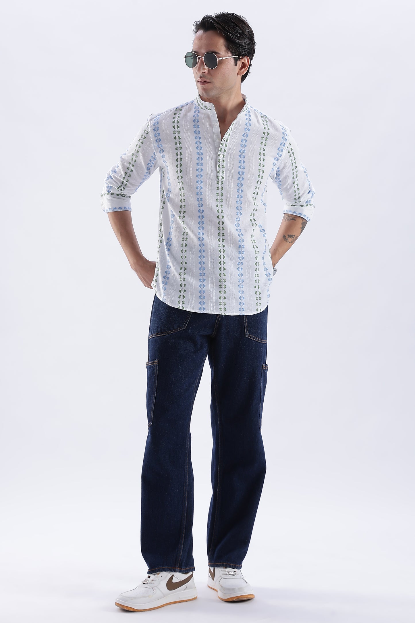 Uri Ice White Dobby Motif Short Kurta