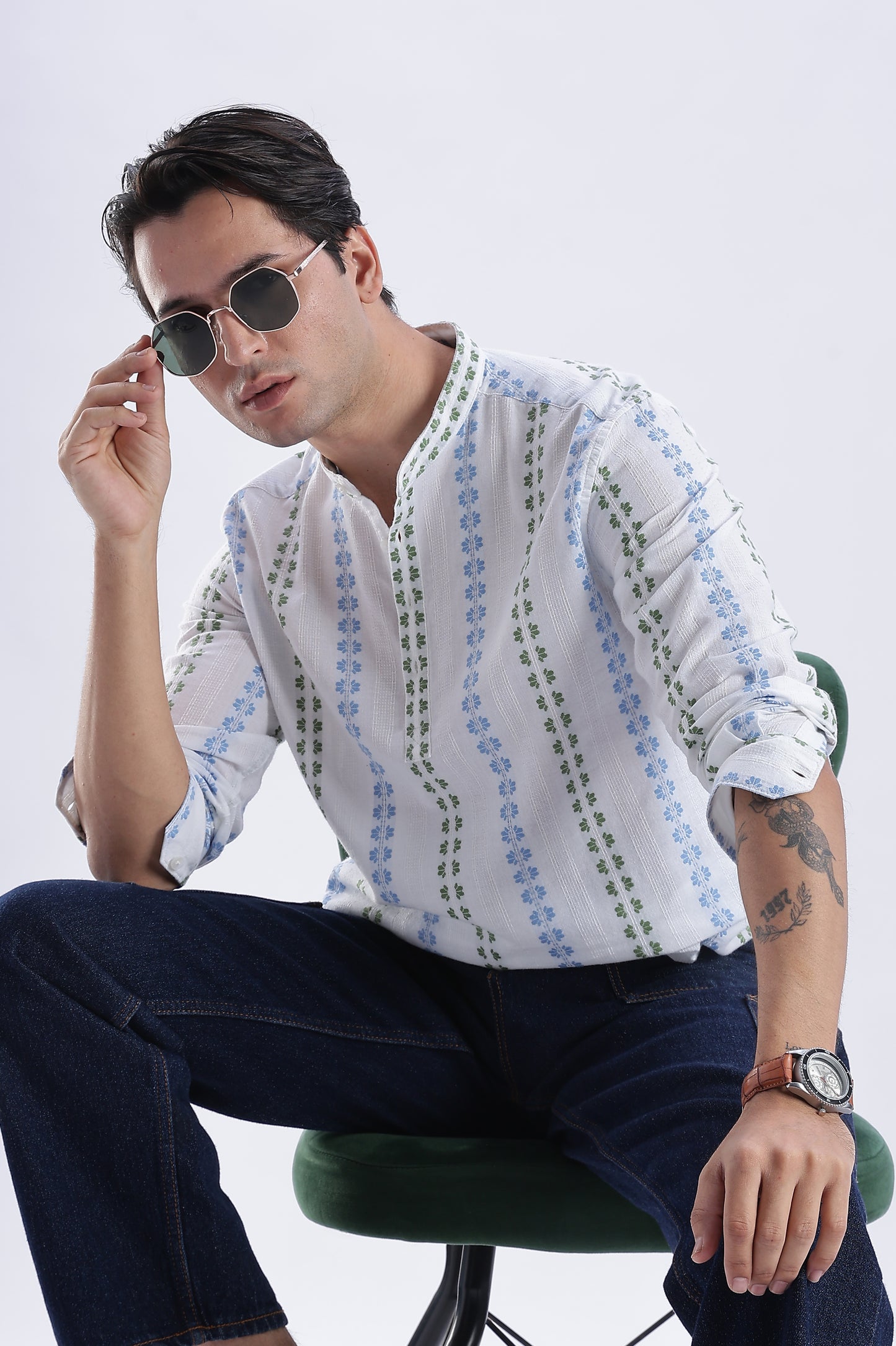 Uri Ice White Dobby Motif Short Kurta