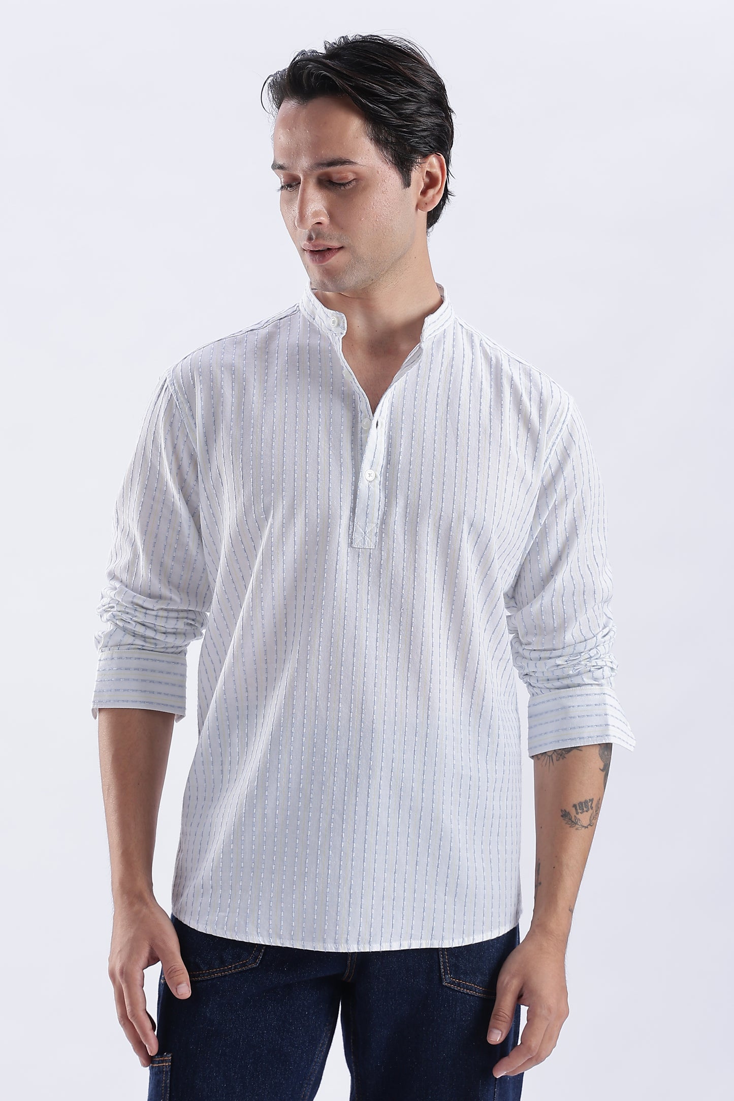 Uri Ivory Dobby Stripe Short Kurta