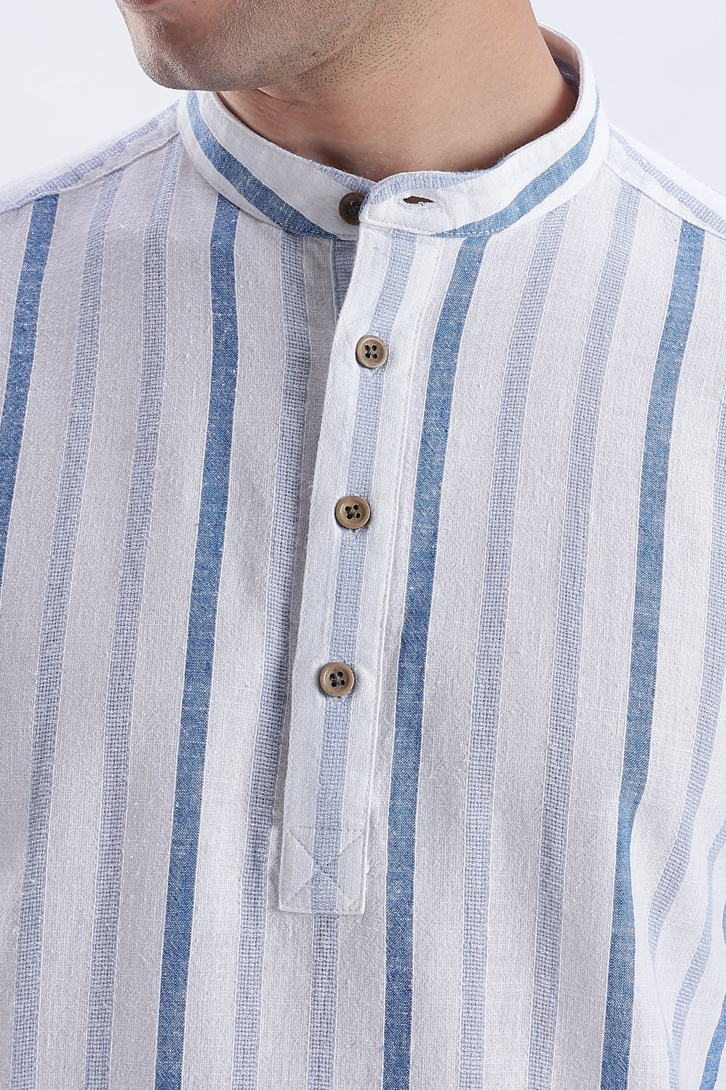 Uri Blue Striped Cotton Linen Short Kurta