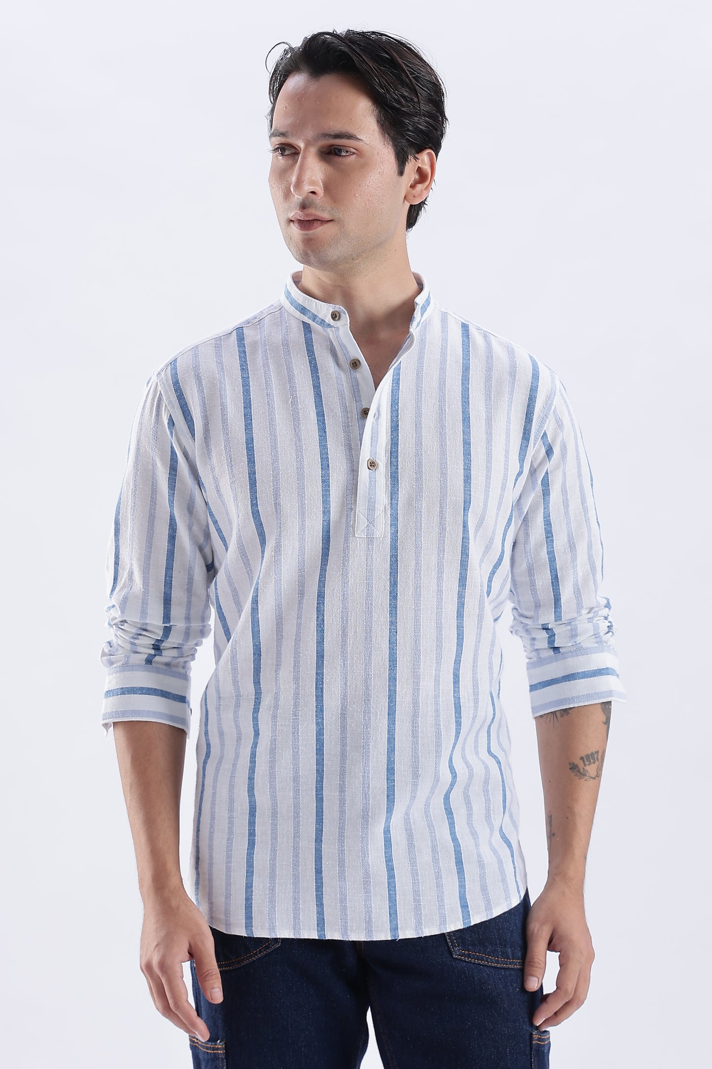 Uri Blue Striped Cotton Linen Short Kurta