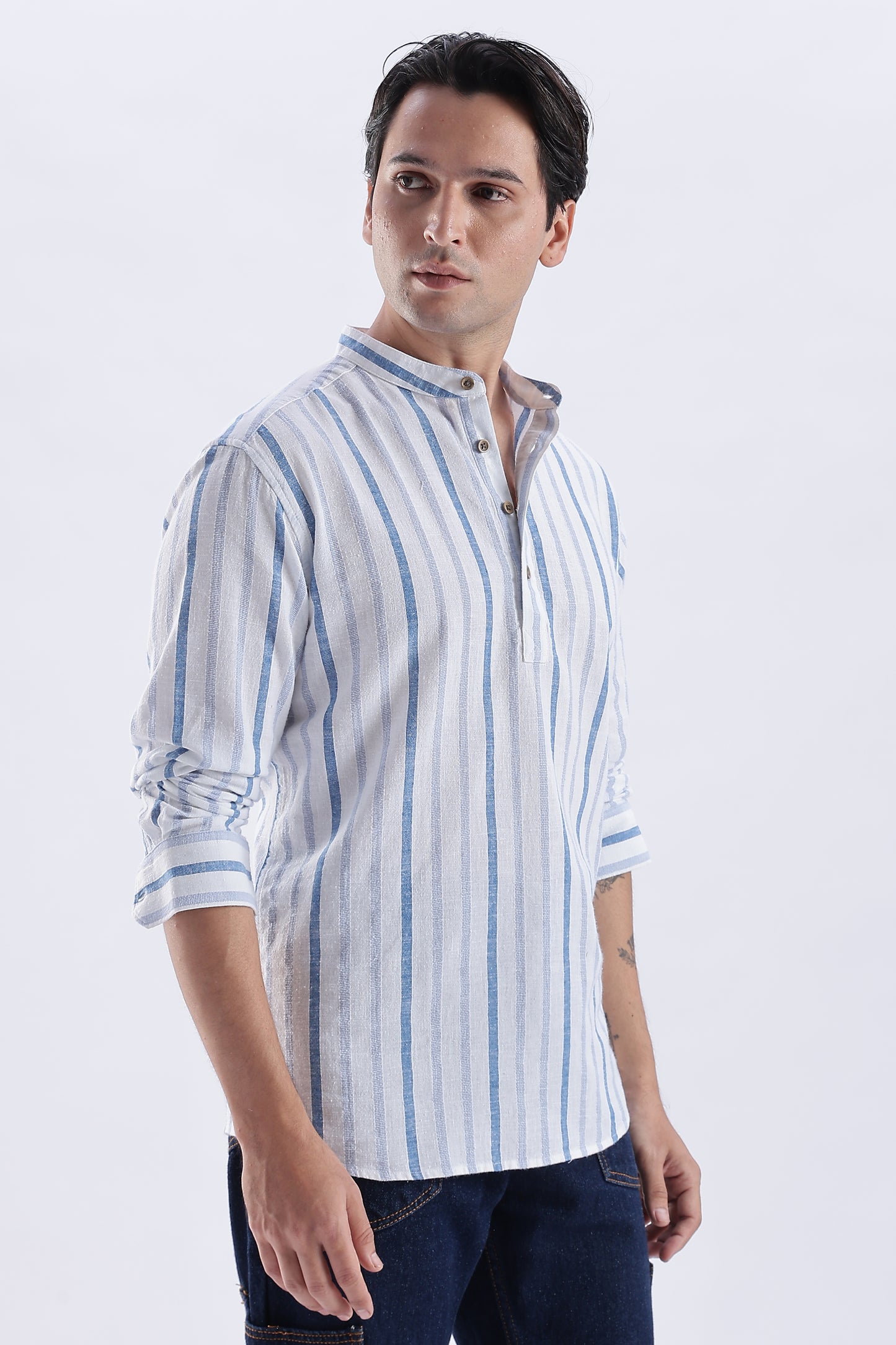 Uri Blue Striped Cotton Linen Short Kurta