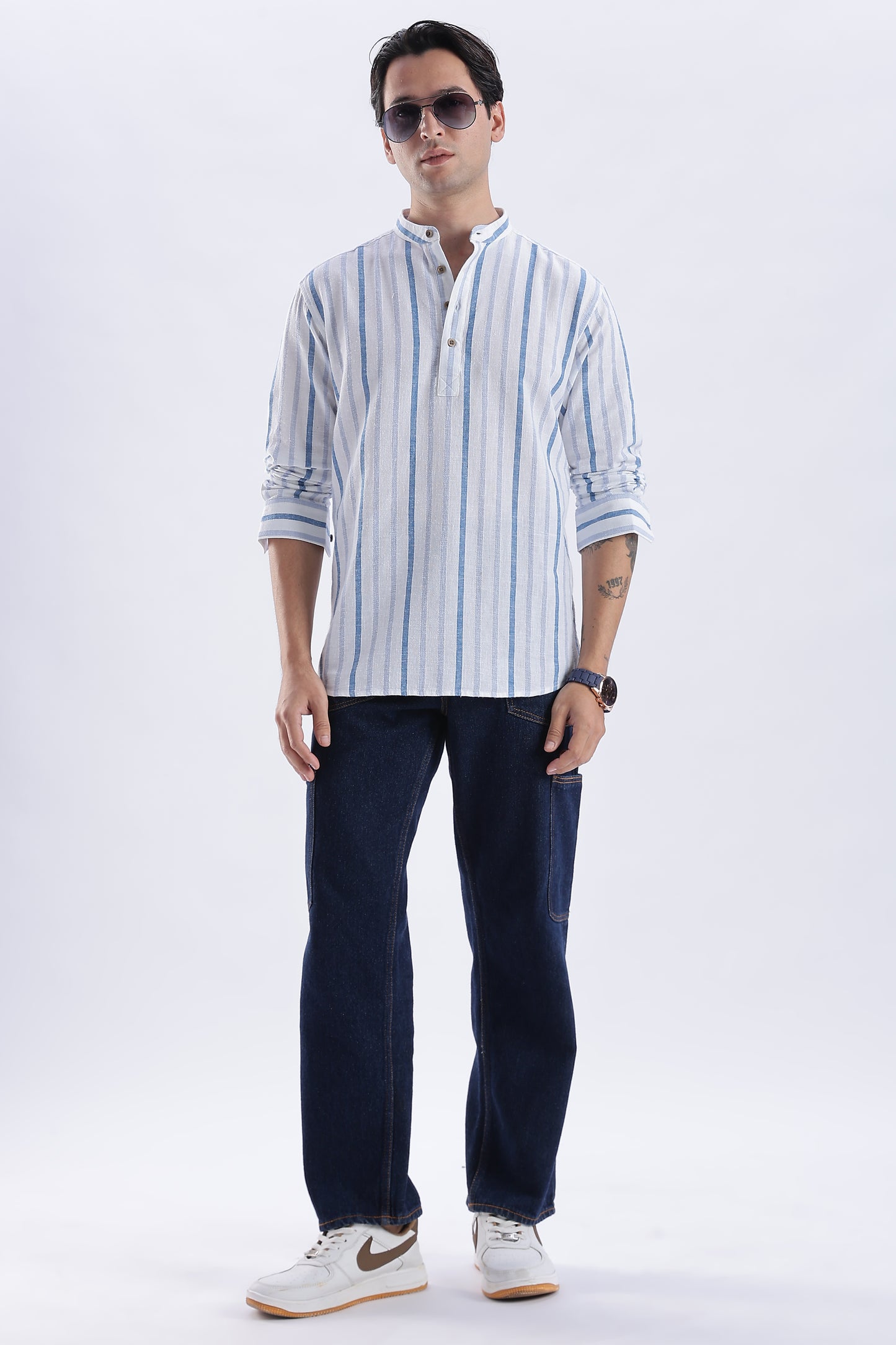 Uri Blue Striped Cotton Linen Short Kurta