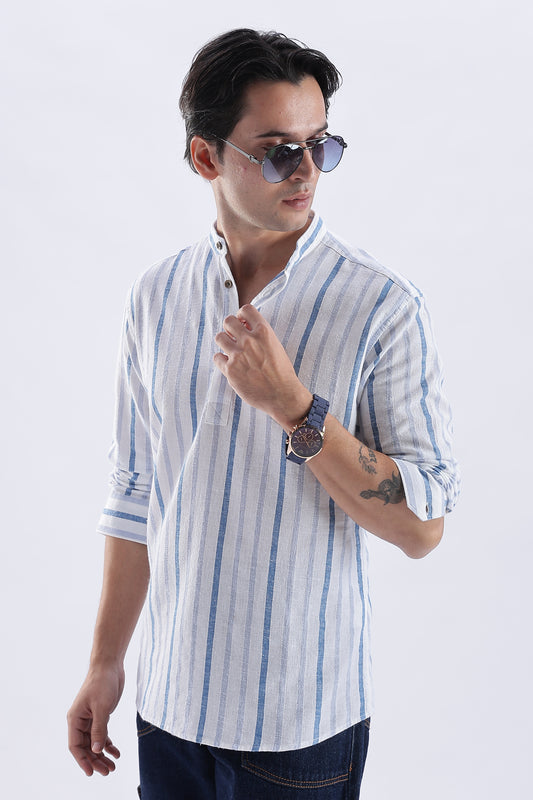 Uri Blue Striped Cotton Linen Short Kurta