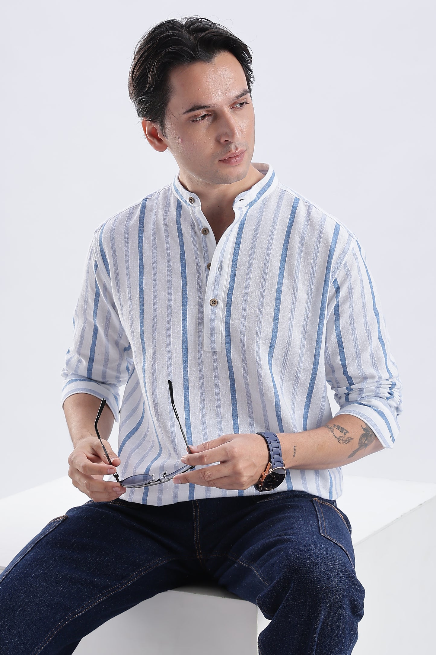 Uri Blue Striped Cotton Linen Short Kurta
