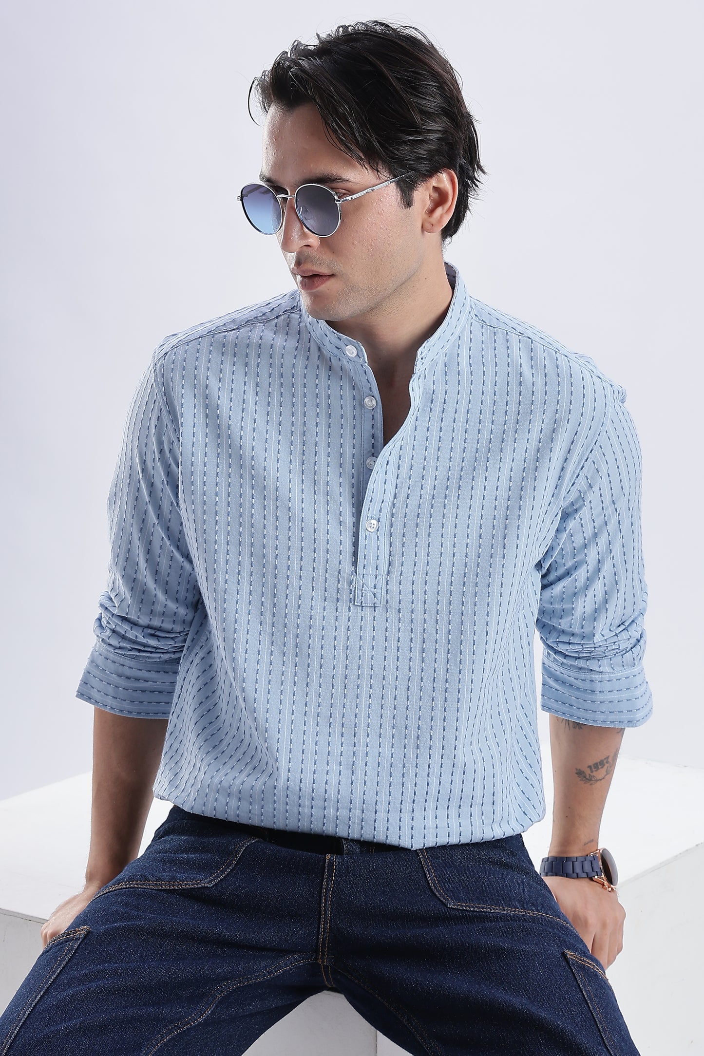 Uri Azure Dobby Stripe Short Kurta