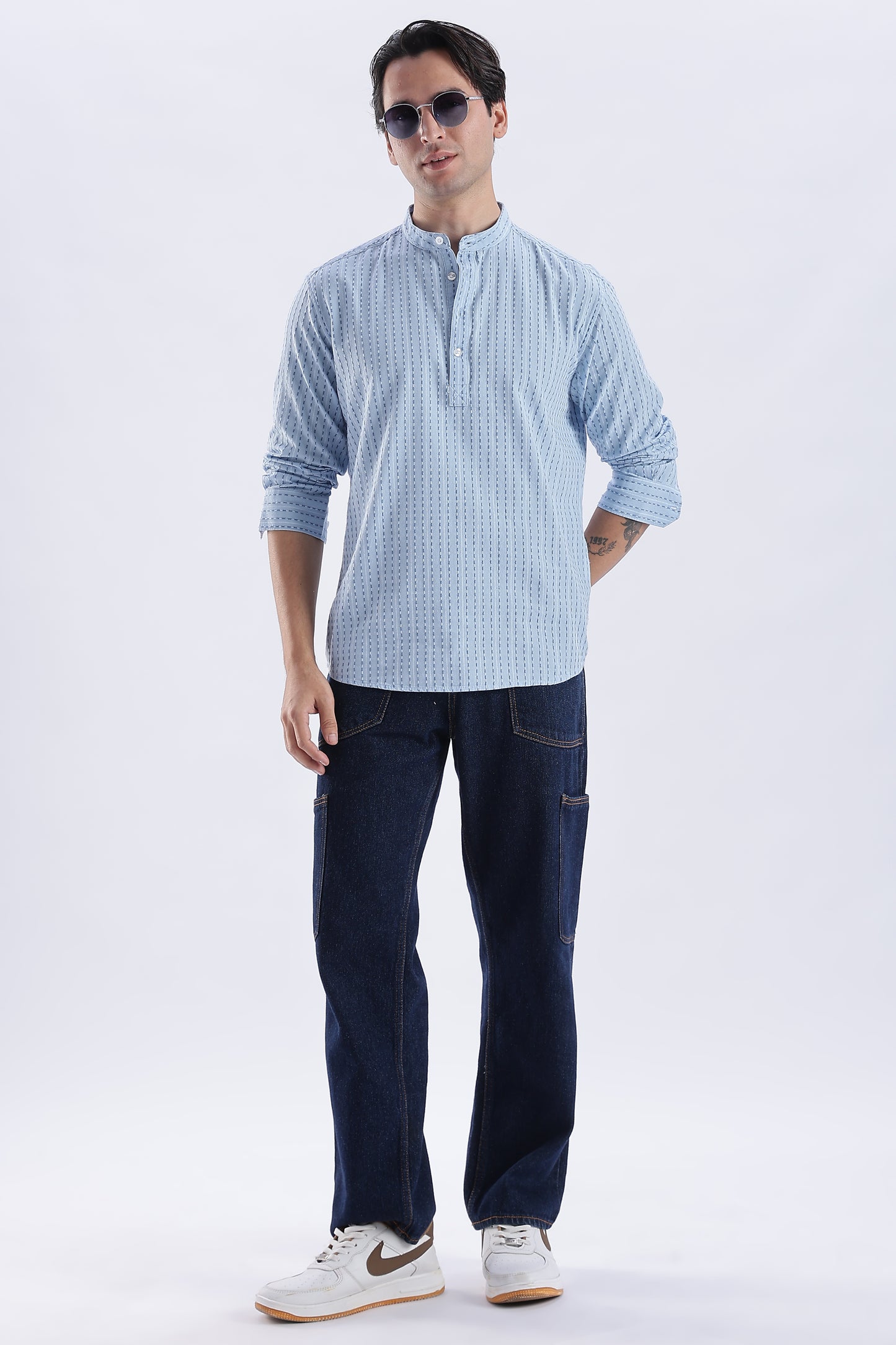 Uri Azure Dobby Stripe Short Kurta