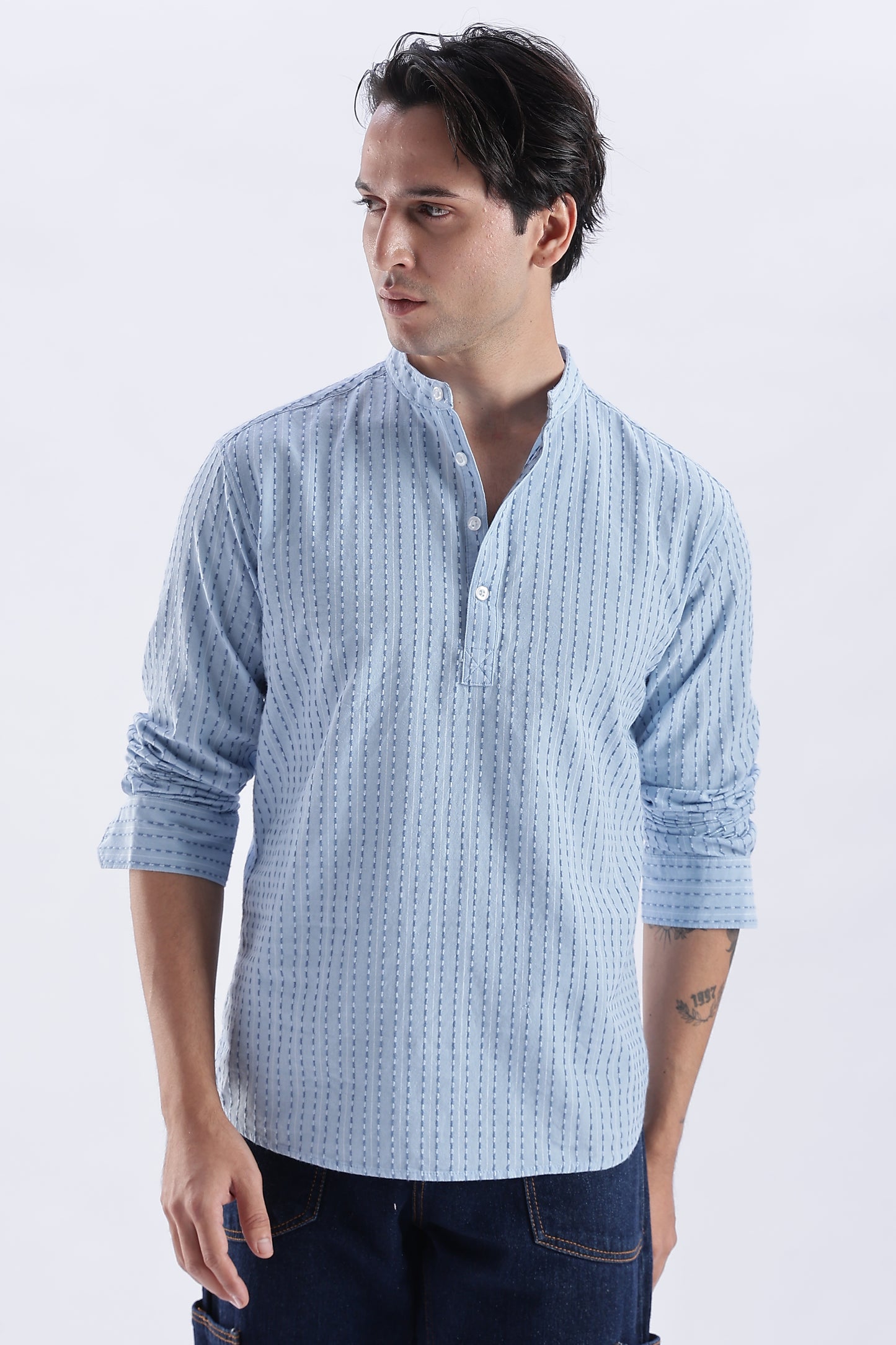 Uri Azure Dobby Stripe Short Kurta