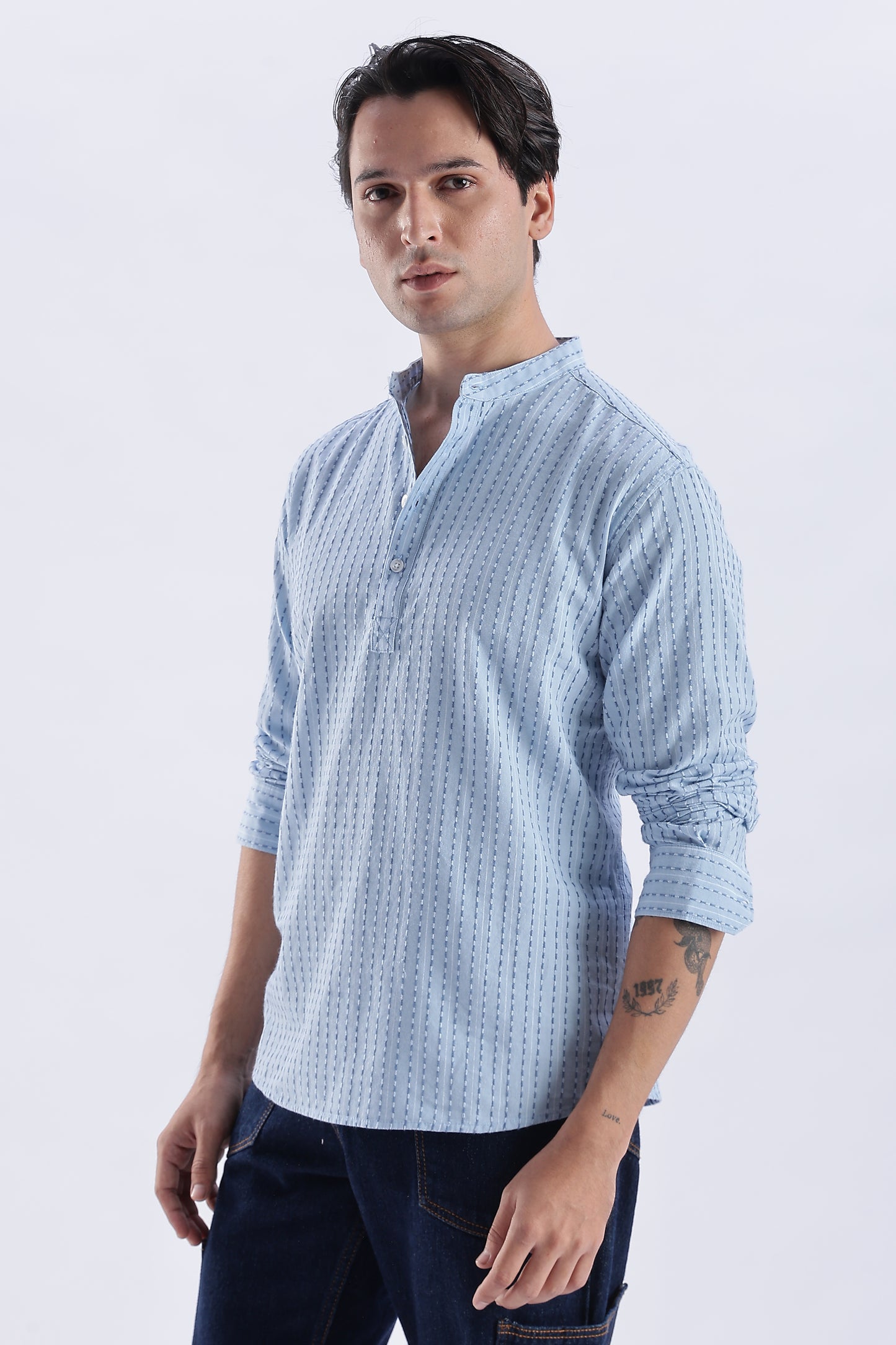 Uri Azure Dobby Stripe Short Kurta