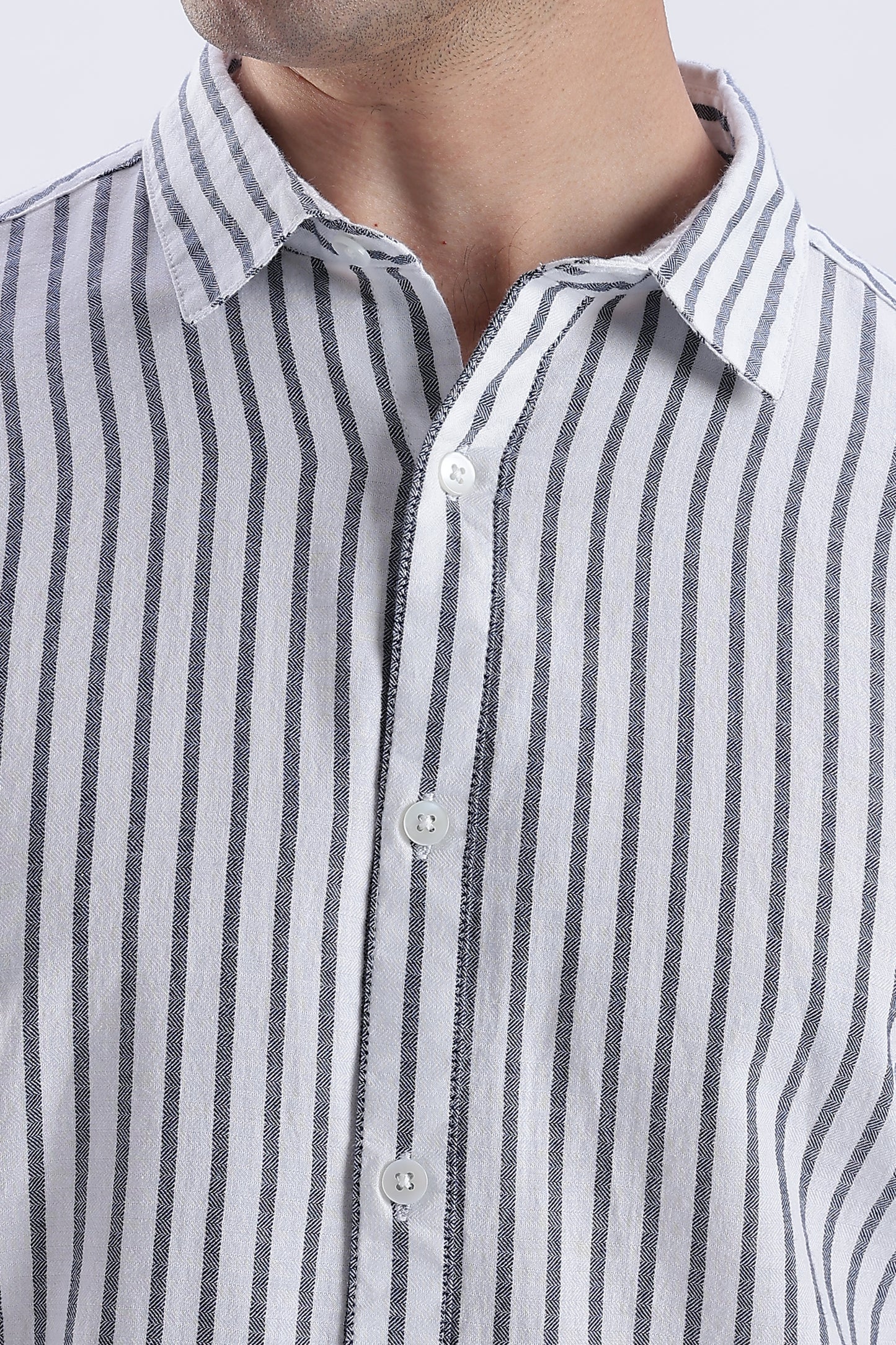 Uri White & Navy Vertical Striped Cotton Shirt