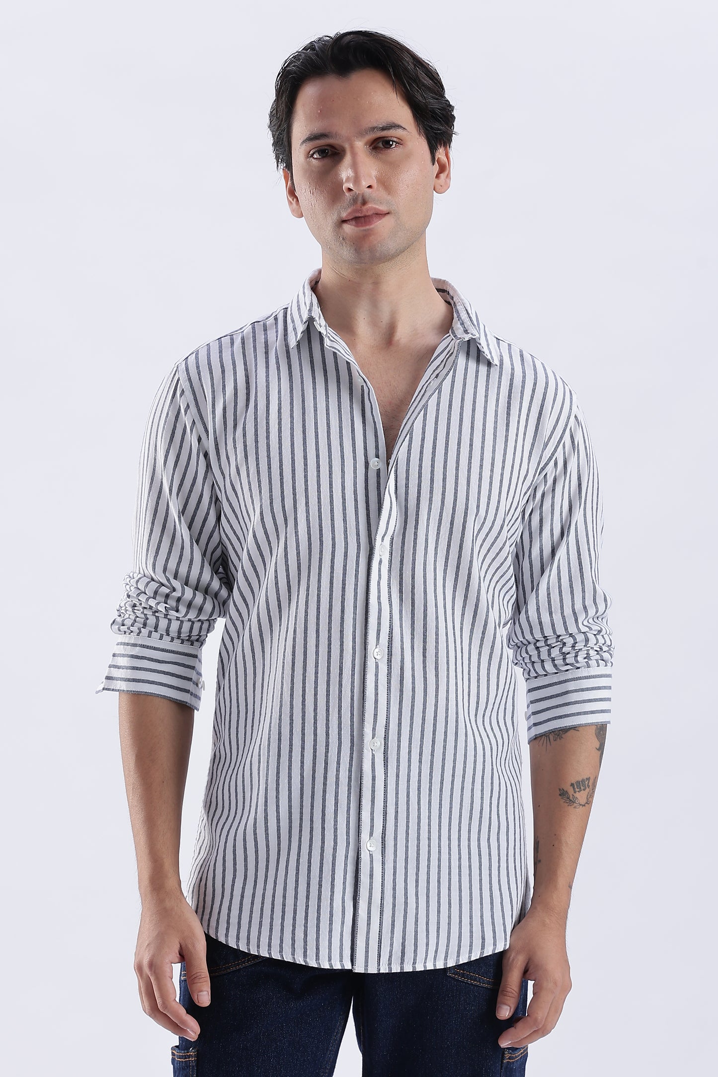 Uri White & Navy Vertical Striped Cotton Shirt