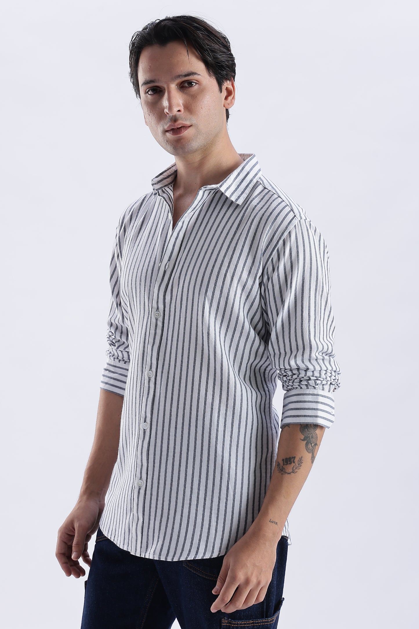 Uri White & Navy Vertical Striped Cotton Shirt