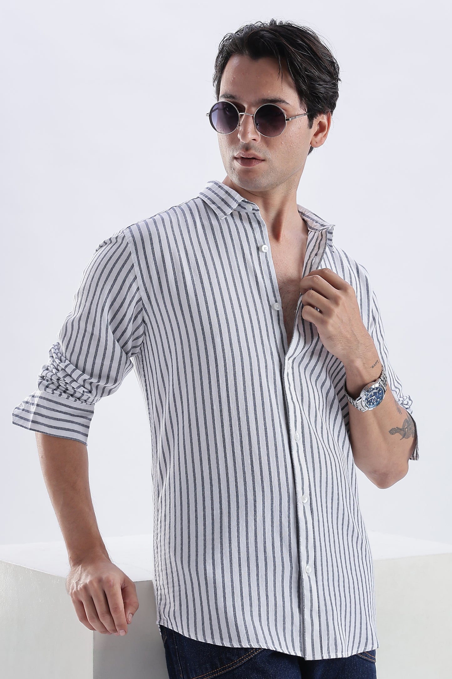 Uri White & Navy Vertical Striped Cotton Shirt