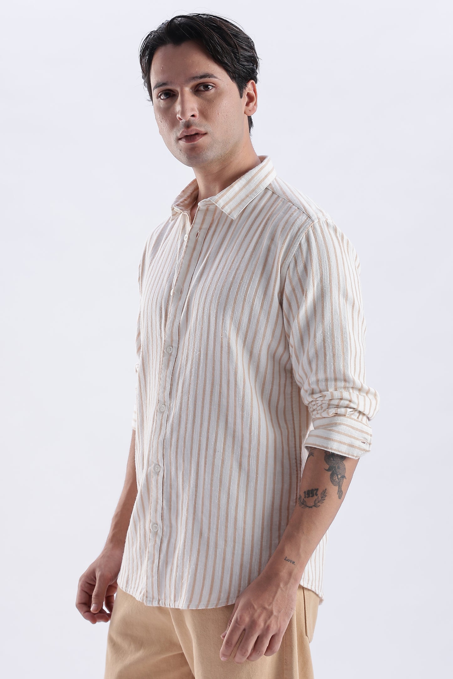 Uri Beige Striped Double Cloth Cotton Shirt