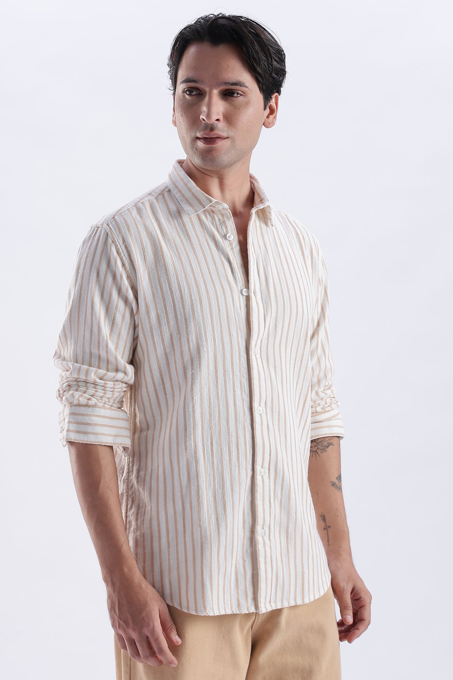 Uri Beige Striped Double Cloth Cotton Shirt