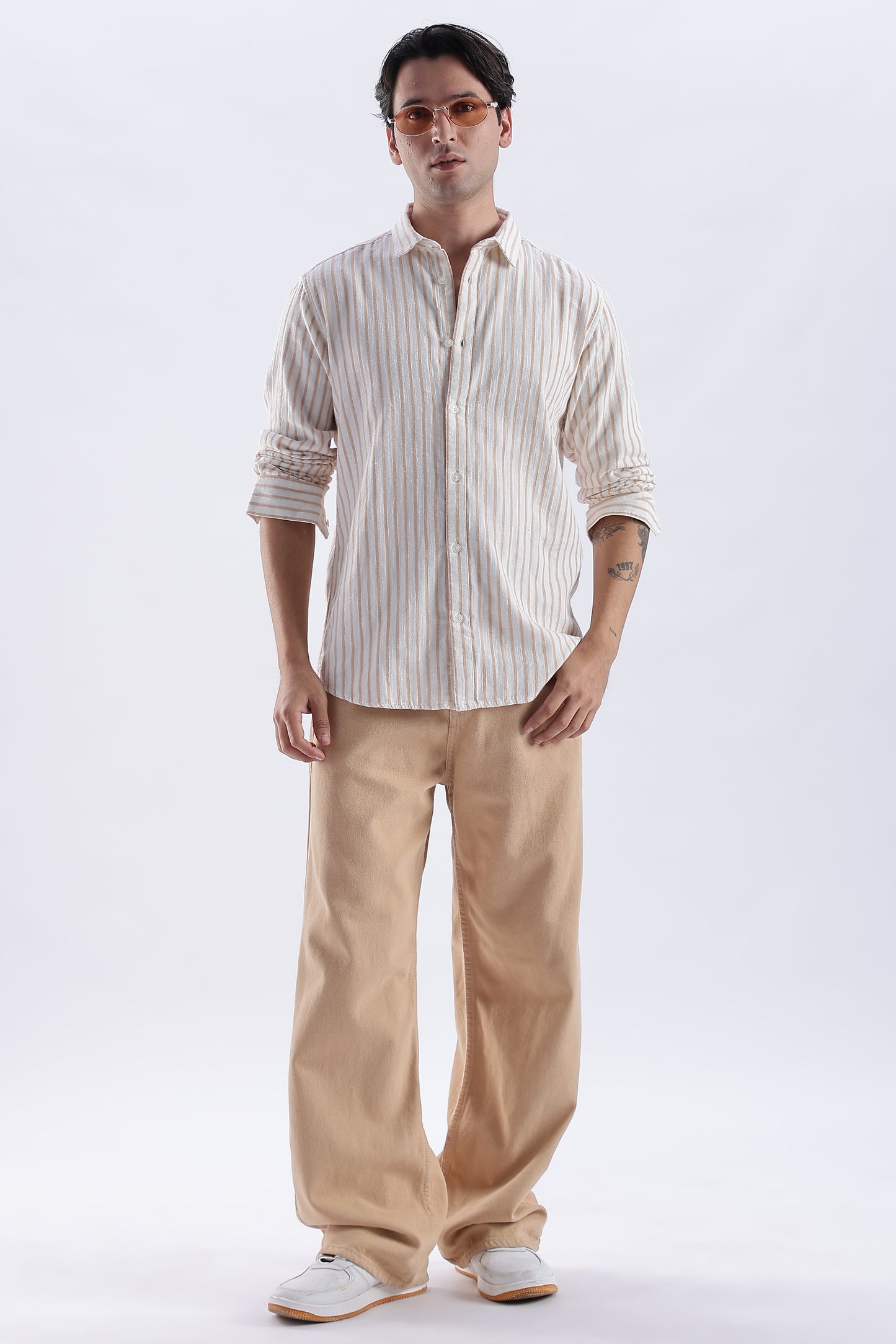 Uri Beige Striped Double Cloth Cotton Shirt