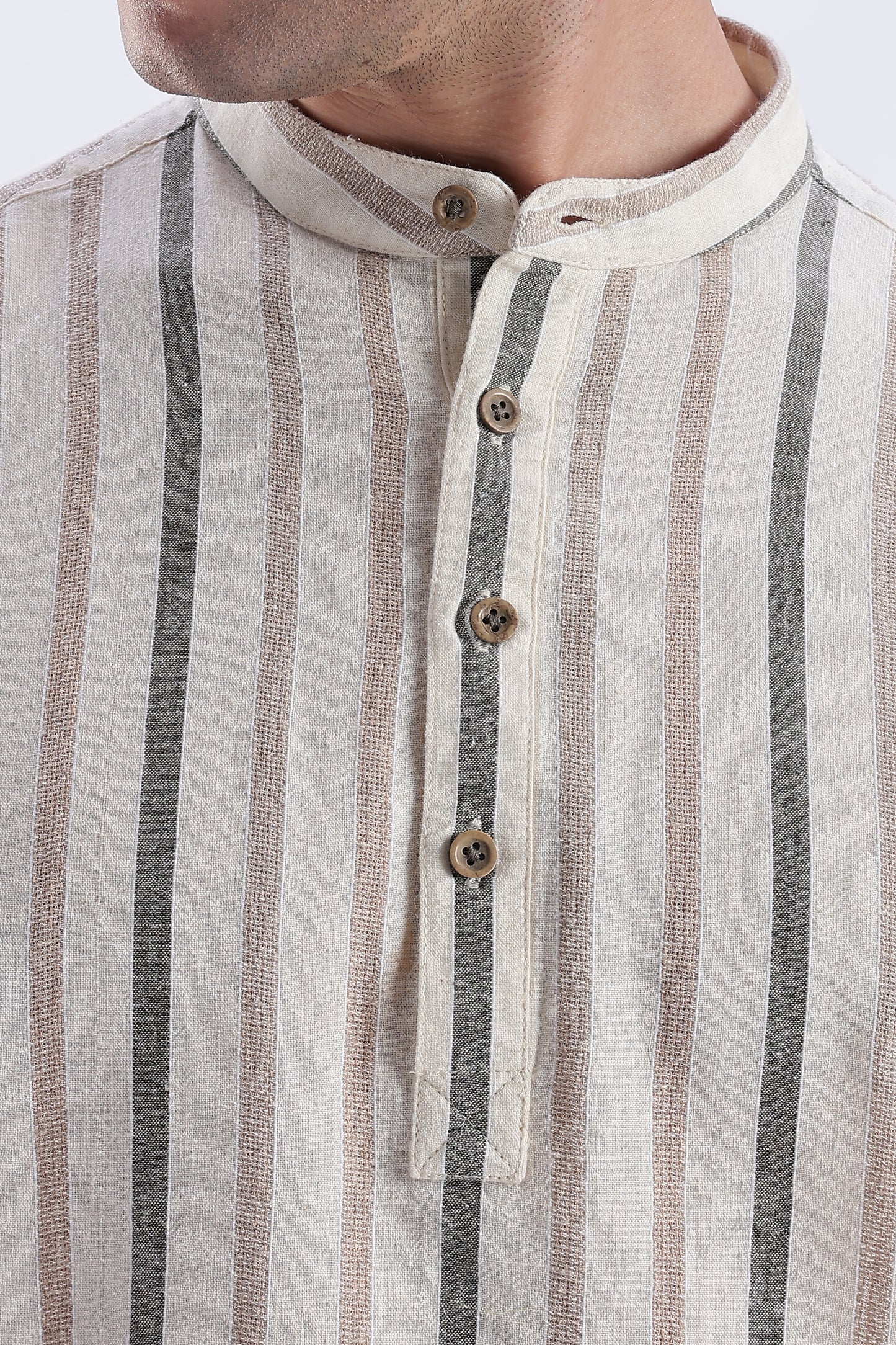 Uri Beige Striped Cotton Linen Short Kurta