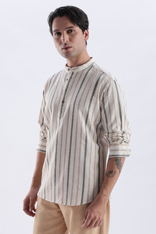 Uri Beige Striped Cotton Linen Short Kurta