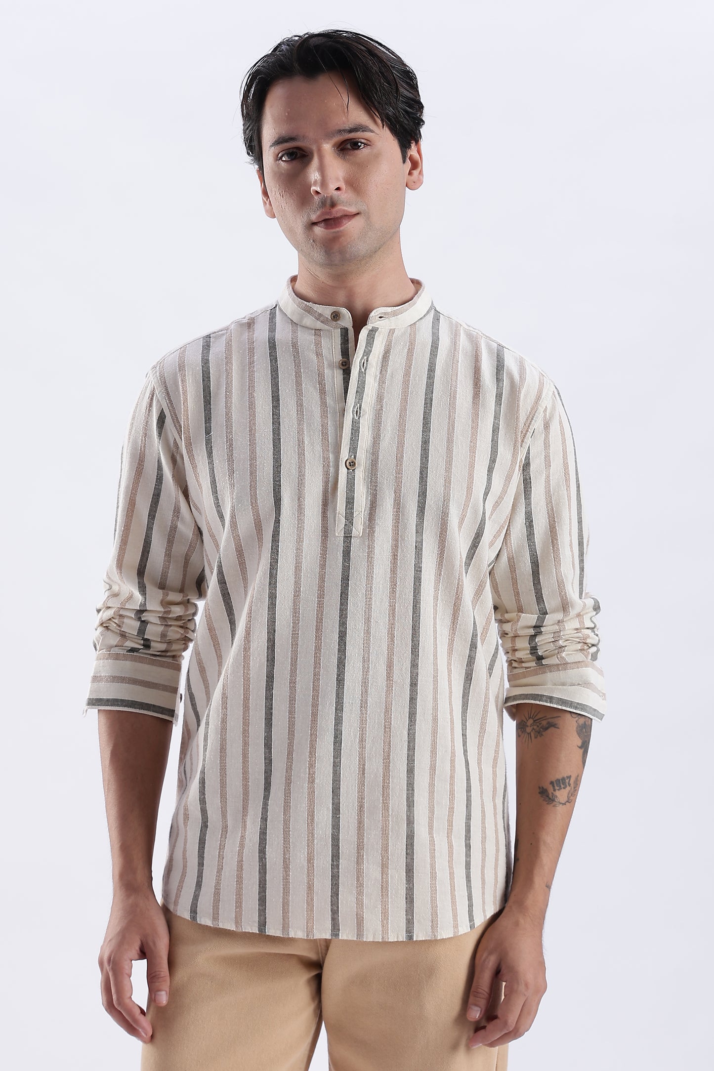 Uri Beige Striped Cotton Linen Short Kurta