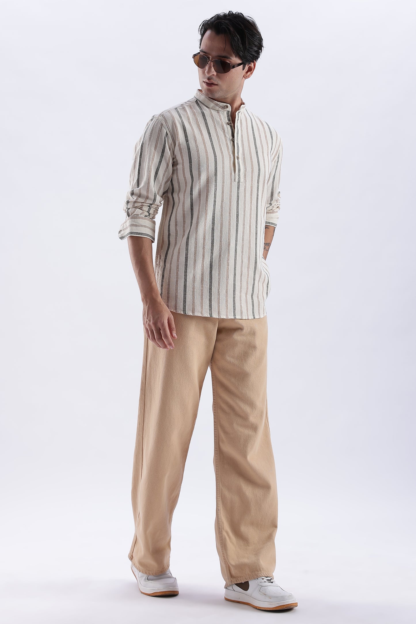 Uri Beige Striped Cotton Linen Short Kurta