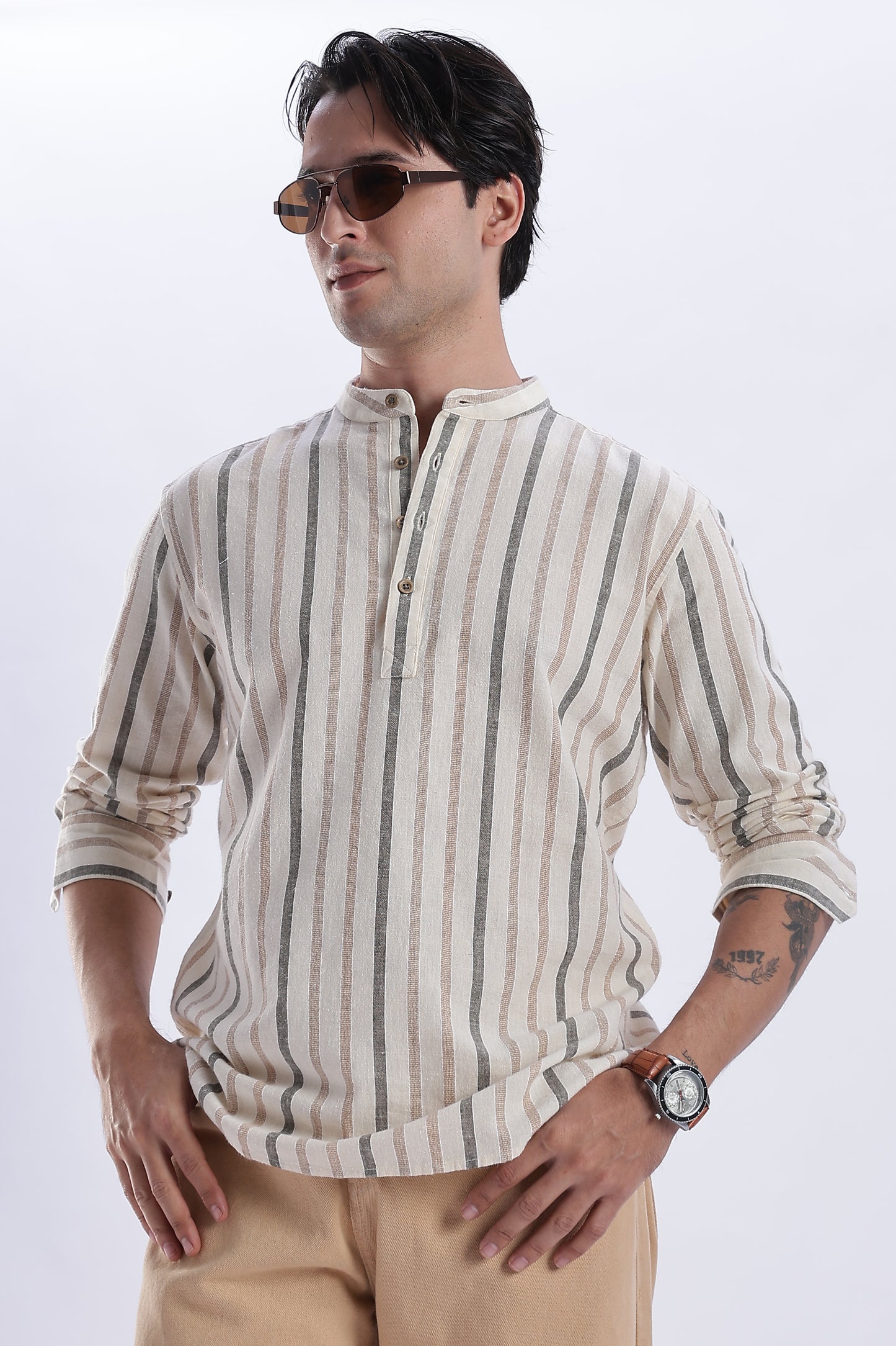 Uri Beige Striped Cotton Linen Short Kurta