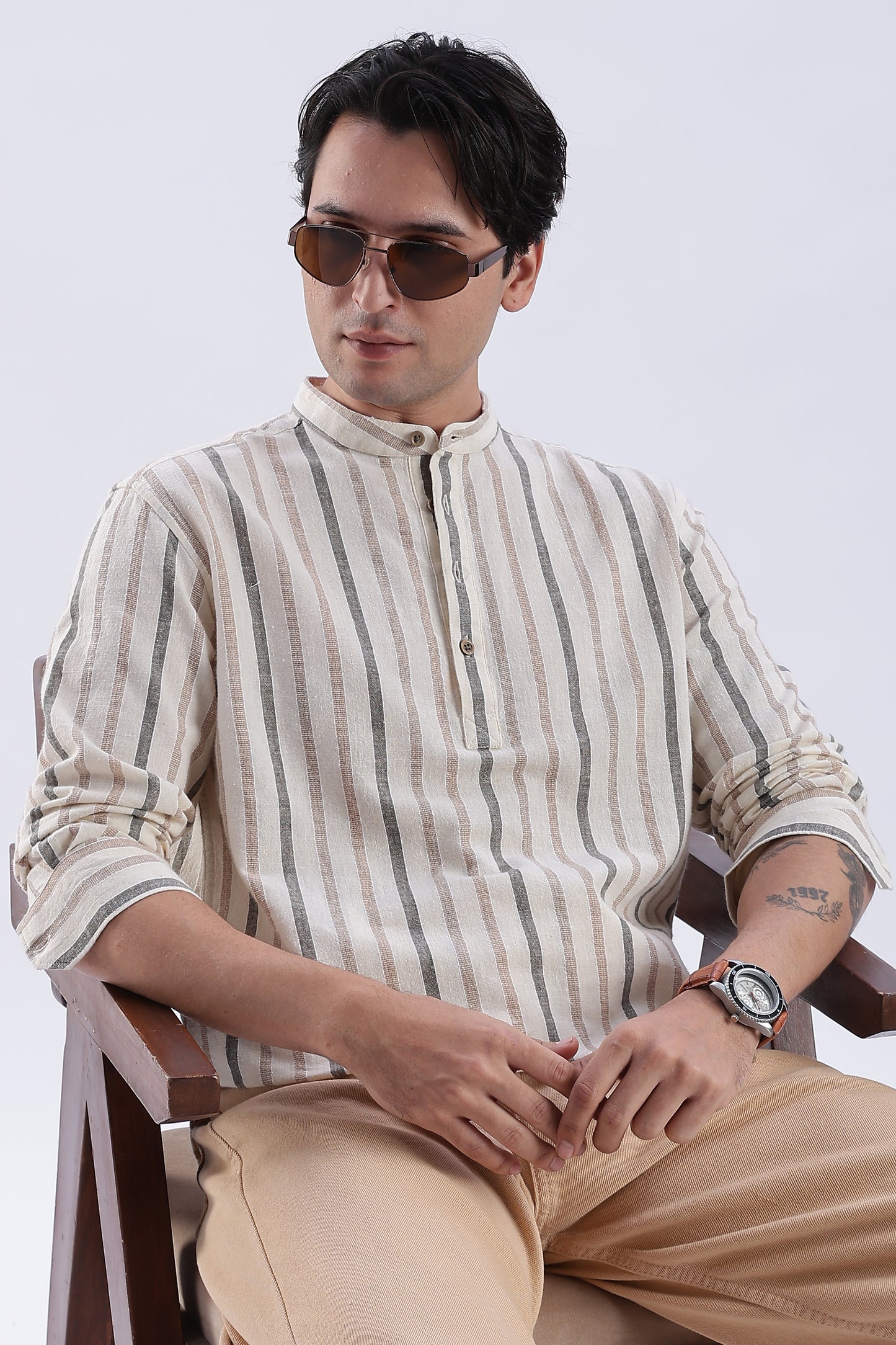 Uri Beige Striped Cotton Linen Short Kurta