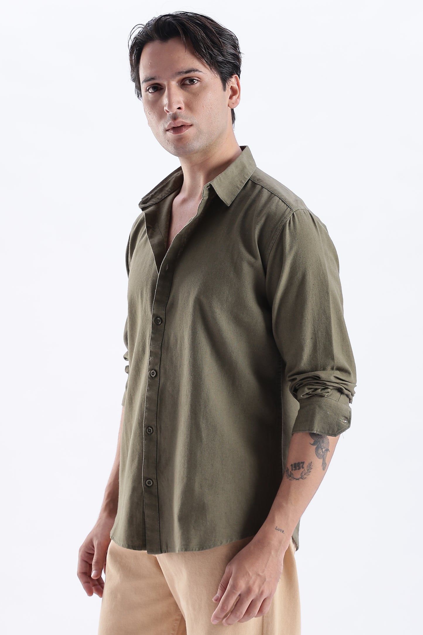 Uri Deep Olive Spread Collar Solid Shirt