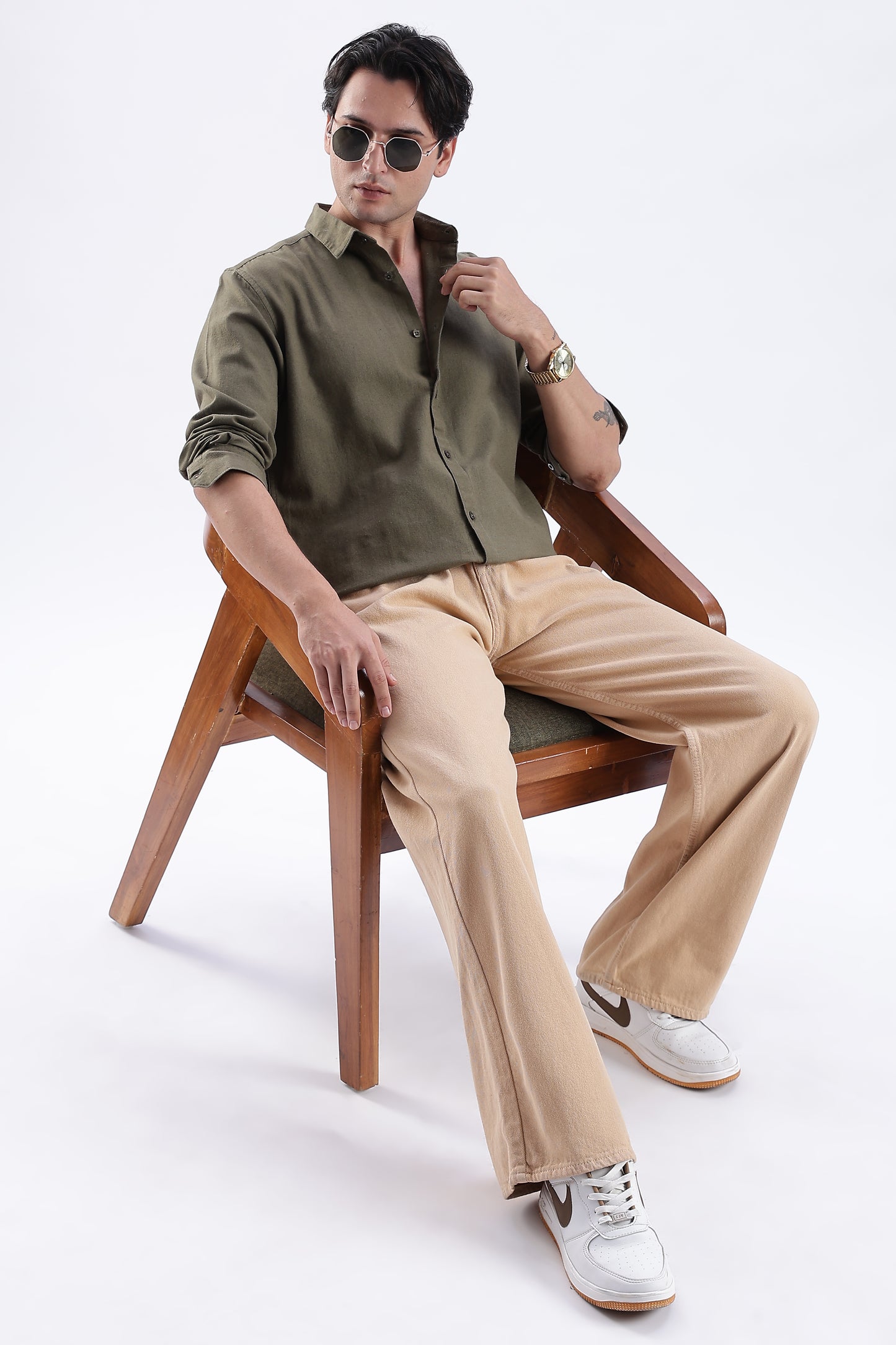 Uri Deep Olive Spread Collar Solid Shirt