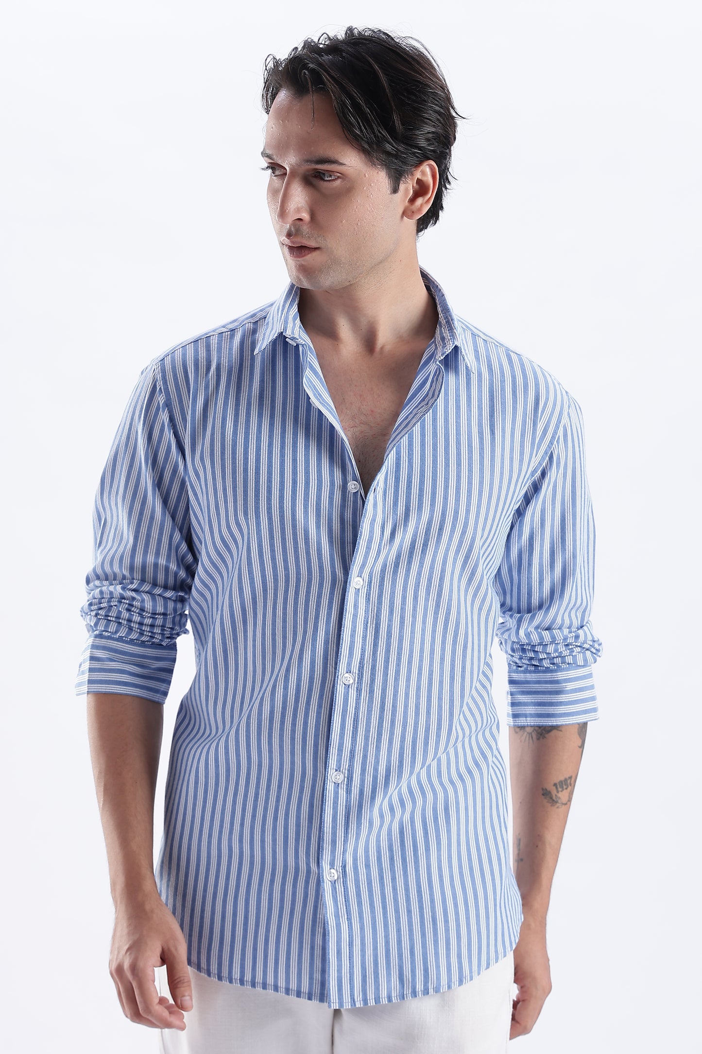 Uri Blue Vertical Striped Cotton Shirt