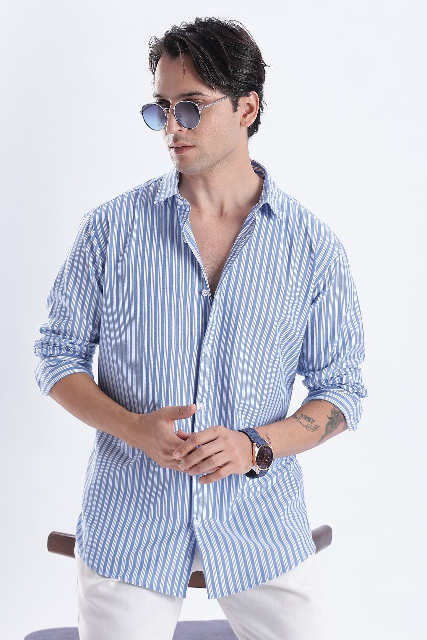 Uri Blue Vertical Striped Cotton Shirt