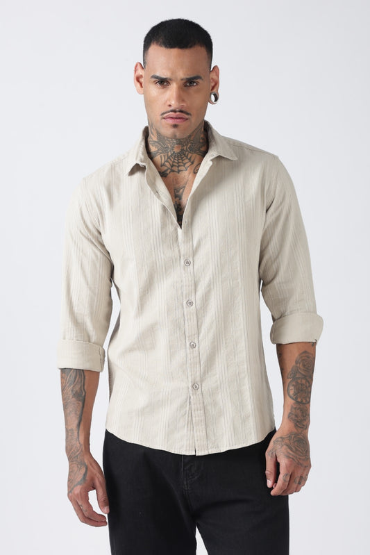 Sage Beige Textured Stripe Cotton Shirt