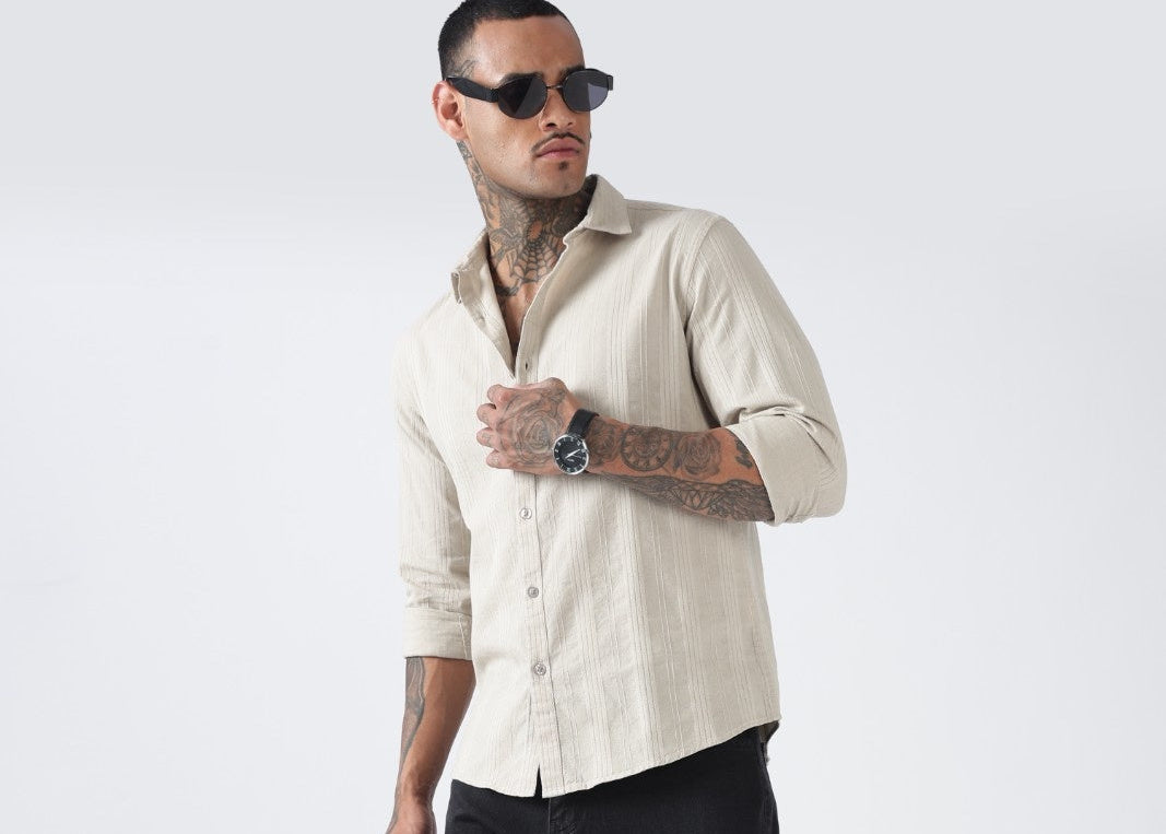 Sage Beige Textured Stripe Cotton Shirt