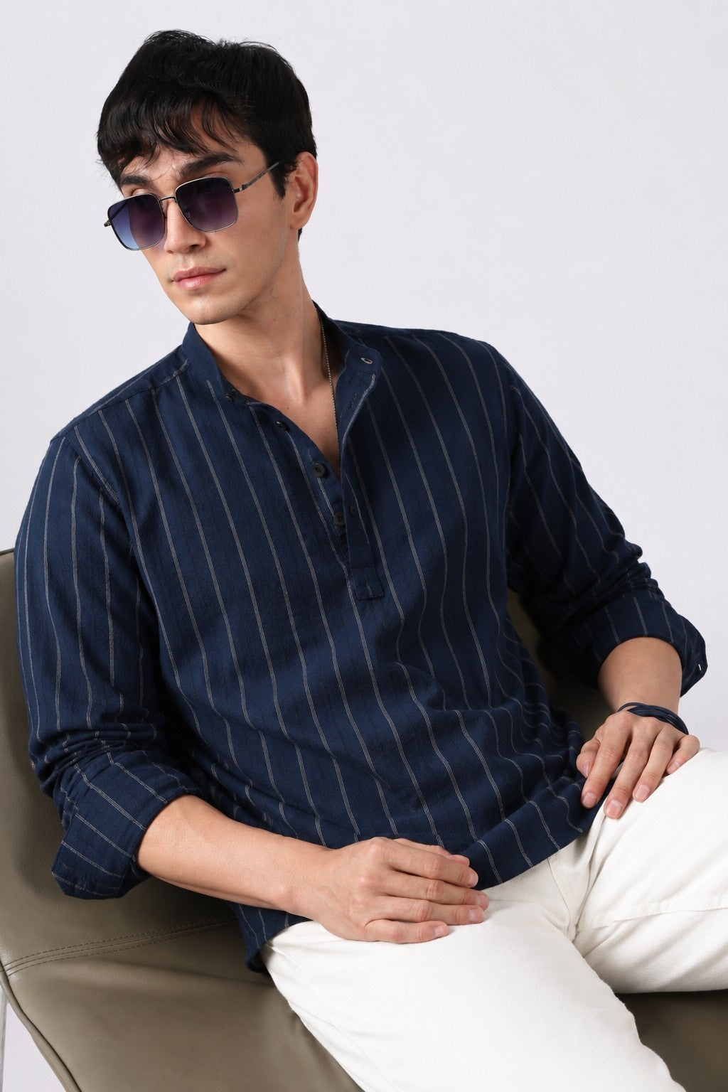 Deep Navy Seersucker Short Kurta