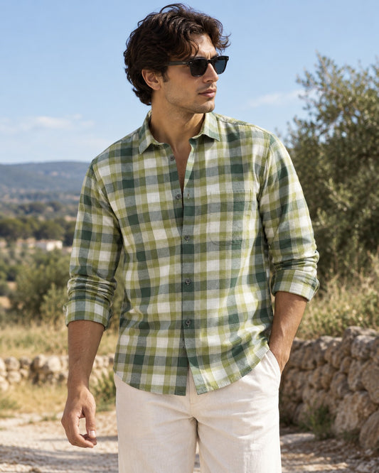 Olive Twill Check Casual Shirt