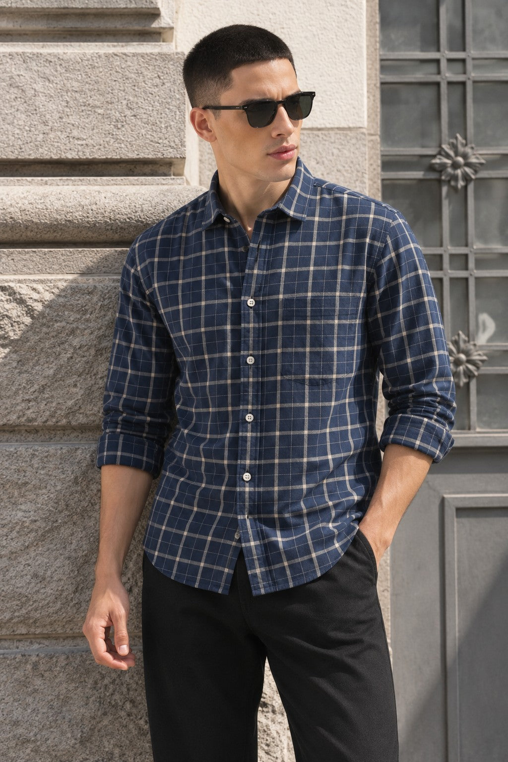Blue Twill Check Casual Shirt