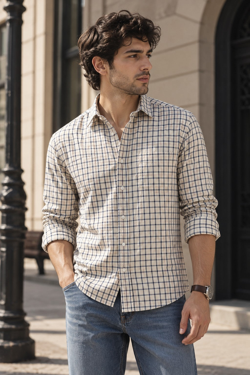 Off White Twill Check Casual Shirt