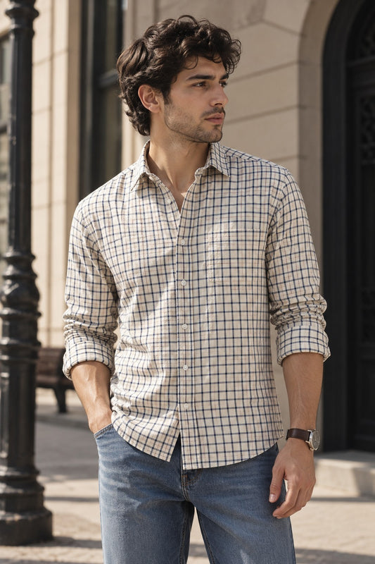 Off White Twill Check Casual Shirt