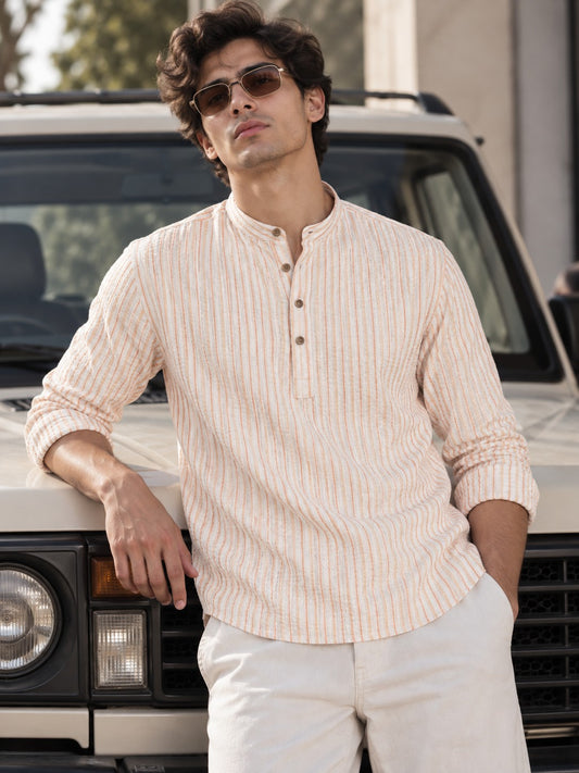 Multicolor Orange Seersucker Stripe Short Kurta