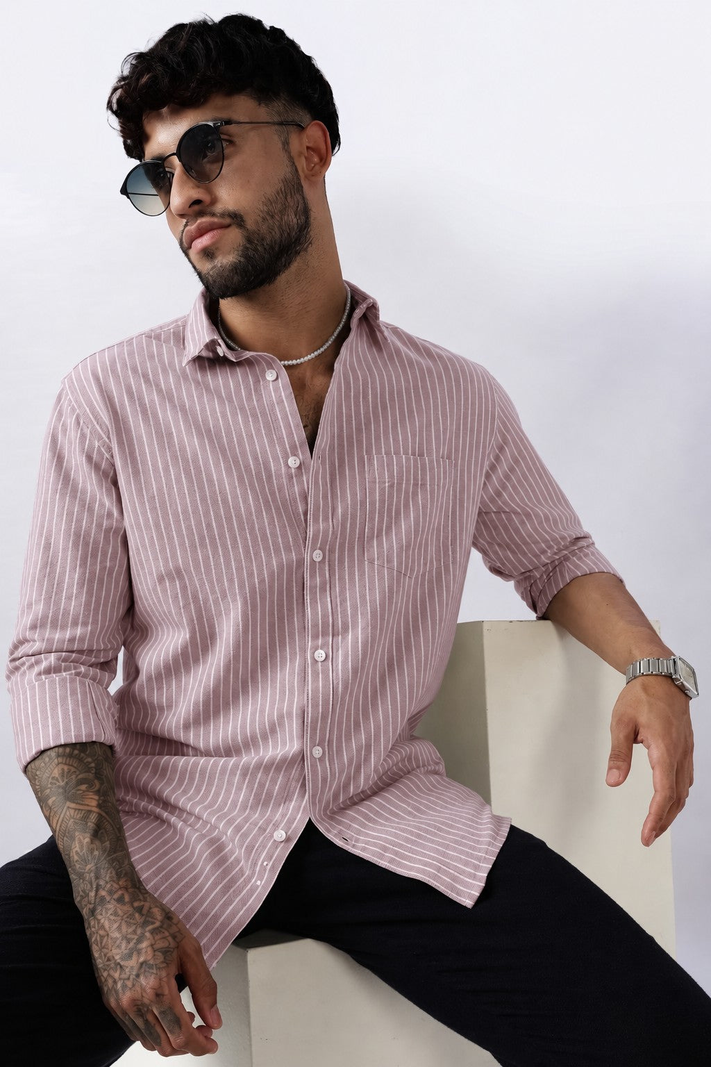 Rose Brown Oxford Stripe Casual Shirt