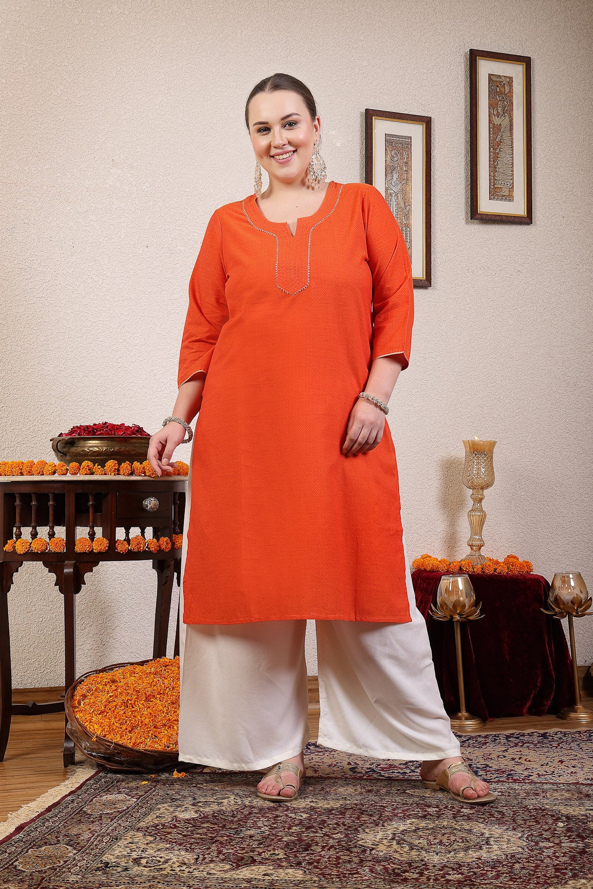 Women Plus Size Orange Festive Kurta With Lace