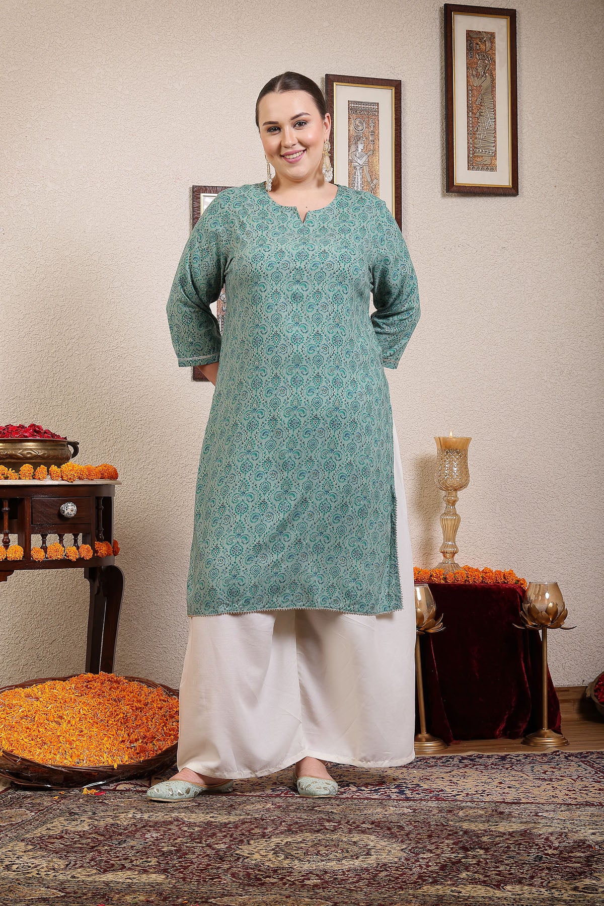 Women Plus Size Green Kurta With Lace