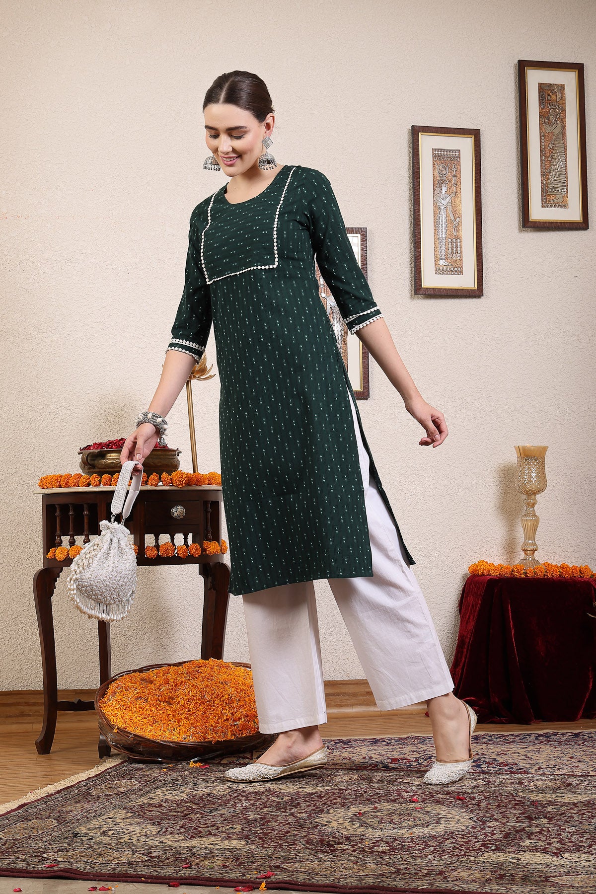 Women Dark Green Cotton Dobby Kurta
