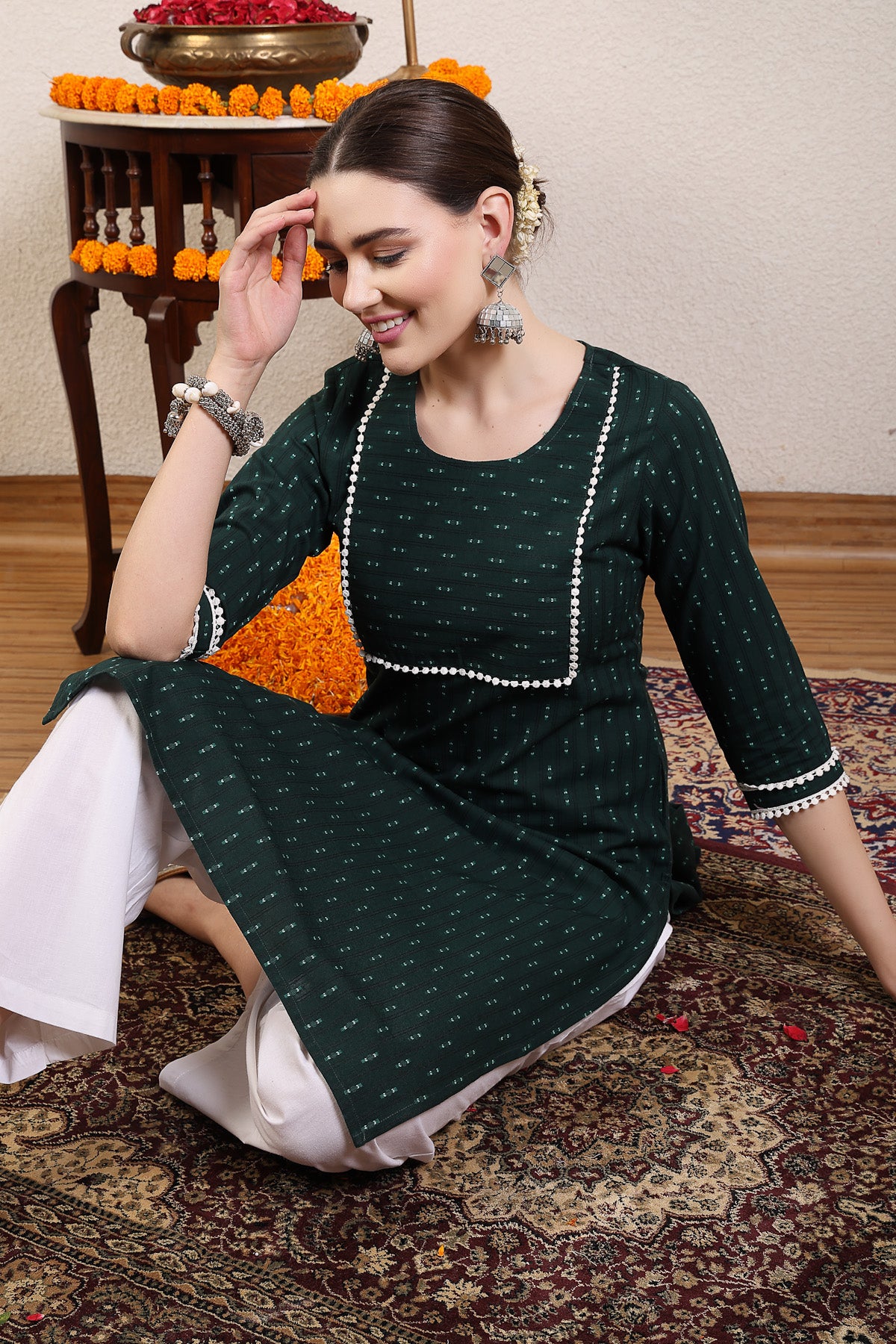 Women Dark Green Cotton Dobby Kurta