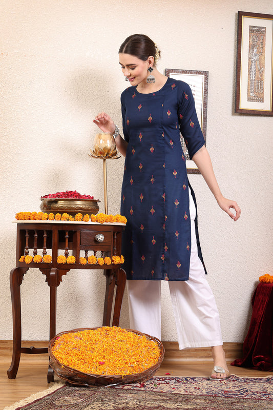 Women Navy Blue Ethnic Motifs Cotton Calf Length Kurta